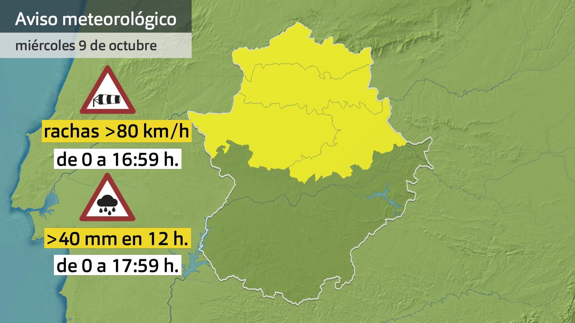 Mapa de avisos meteorológicos (Aemet) para hoy miércoles 9 de octubre