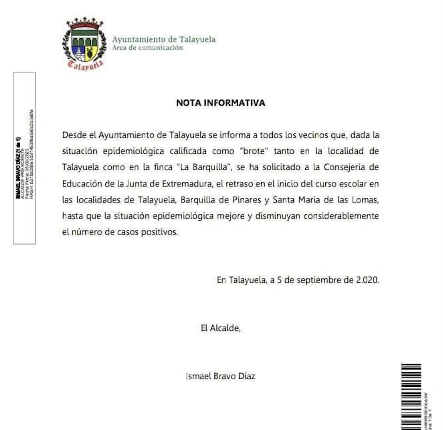 Nota informativa del Ayuntamiento comunicando su decisión