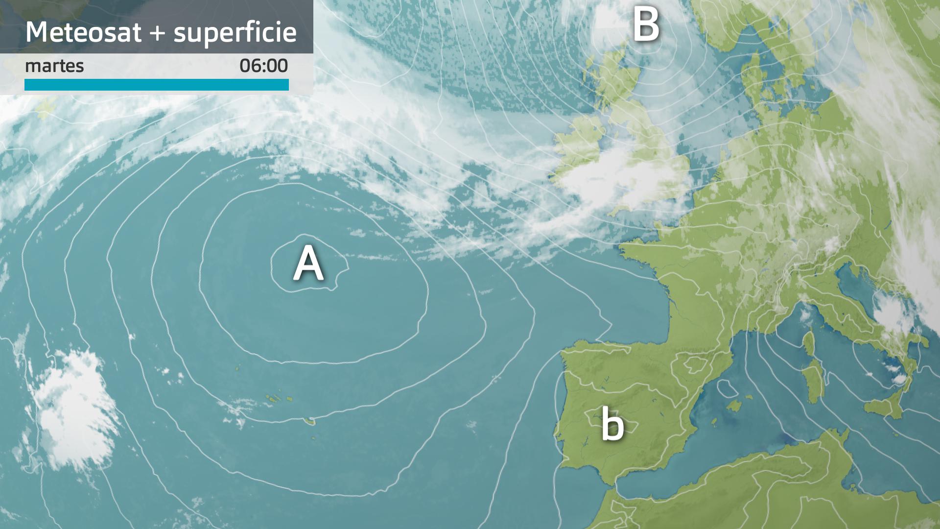 Imagen del Meteosat + mapa de superficie martes 10 de septiembre 6 h.