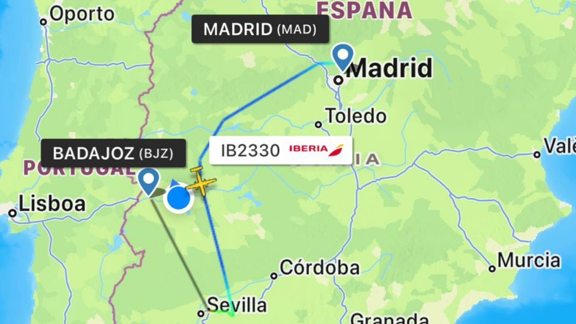 Vuelo de Madrid a Badajoz desviado