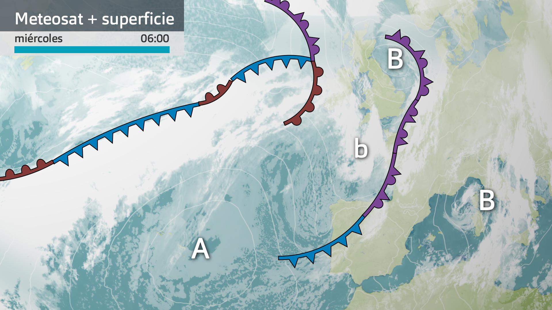 Imagen del Meteosat + mapa de superficie miércoles 7 de enero 6 h.
