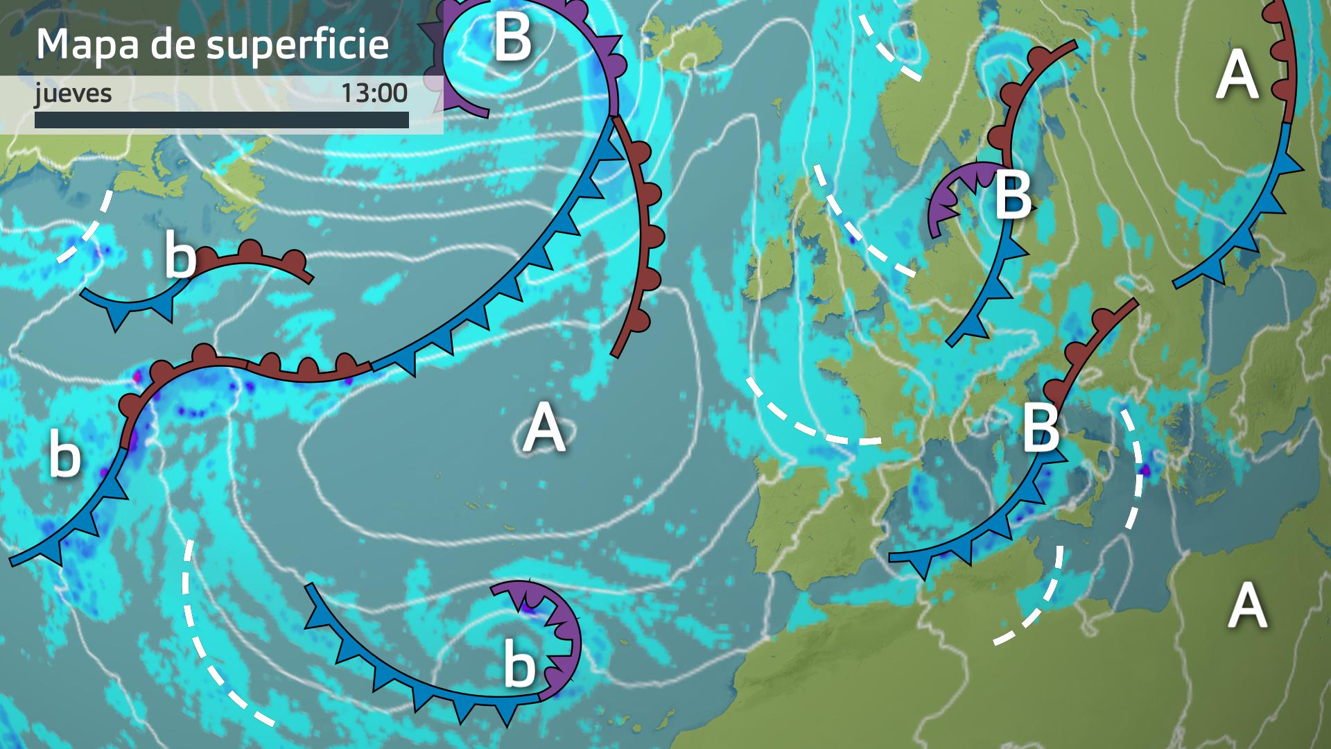 Mapa de superficie y de temperatura a 500 hPa (5500 metros de altura)