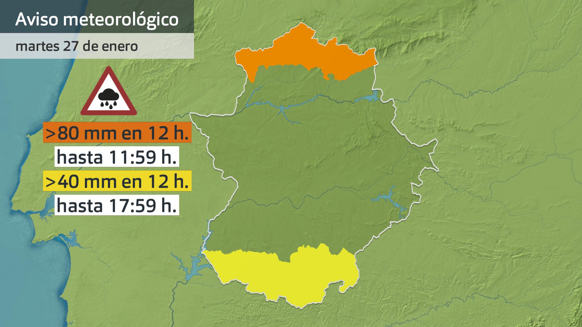Avisos meteorológicos por lluvia (Aemet) para hoy martes 27 de enero