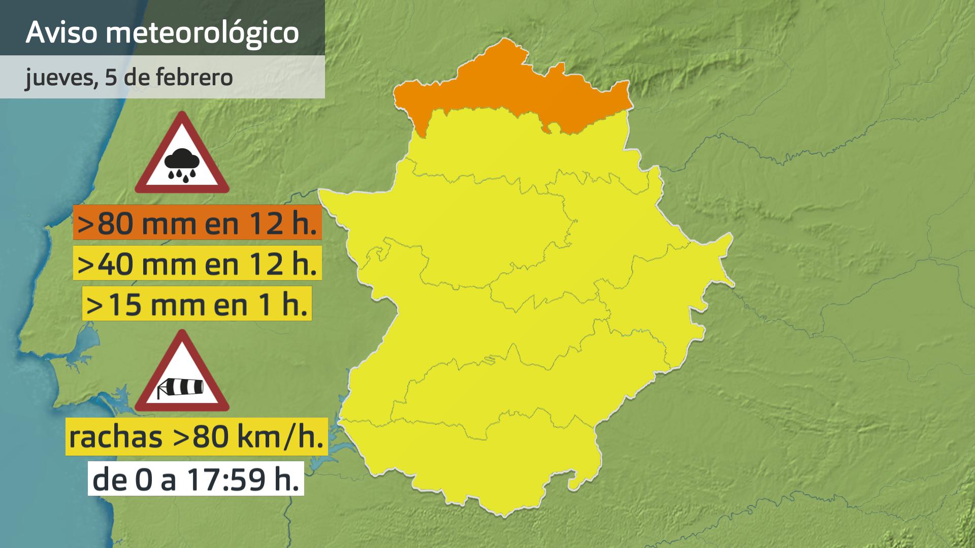 Avisos meteorológicos (Aemet) para hoy jueves 5 de febrero