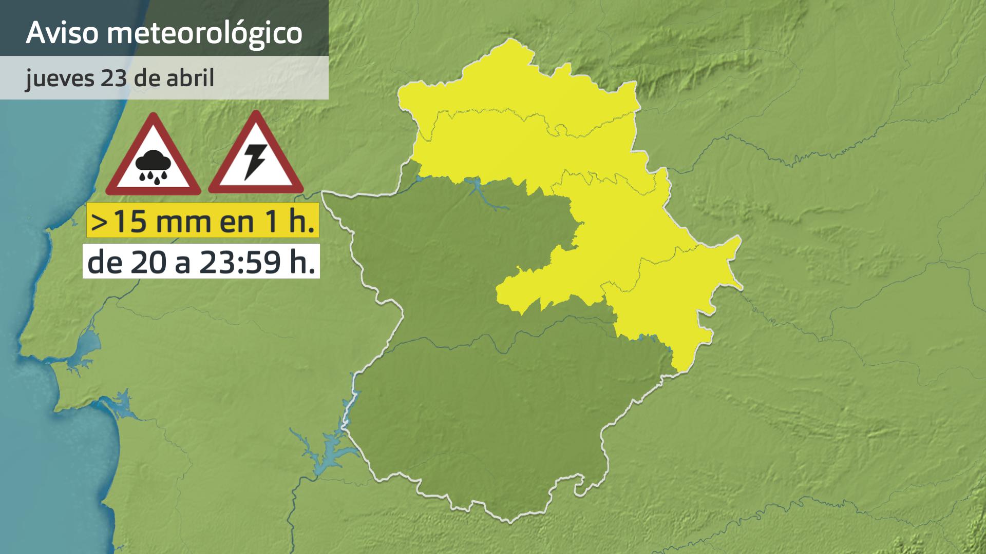 Avisos meteorológicos (Aemet) previstos para hoy jueves 23 de abril.