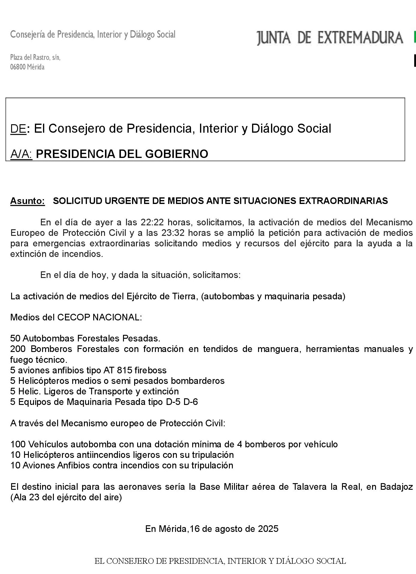 Carta enviada por Bautista al Gobierno