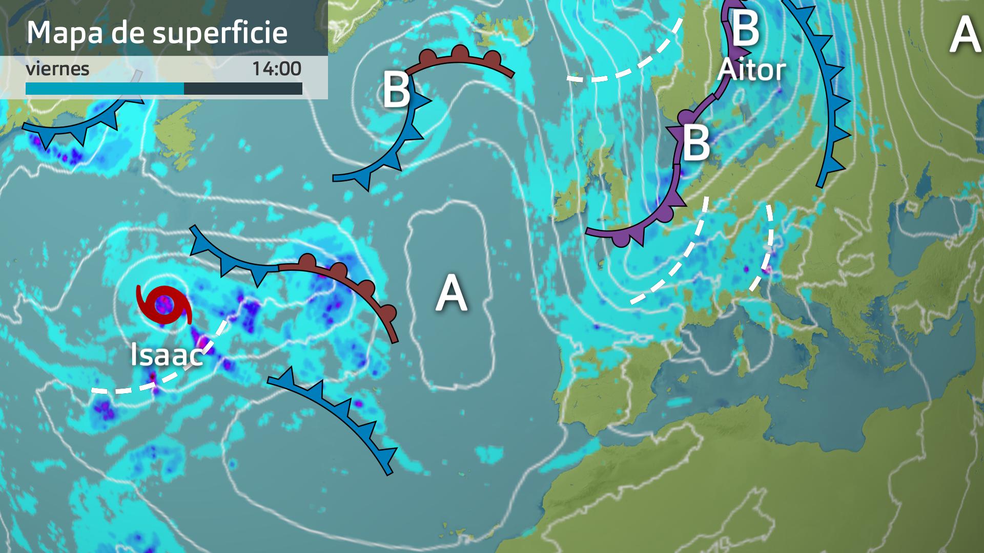 Mapa de superficie previsto para hoy viernes 27 de septiembre 14 h.