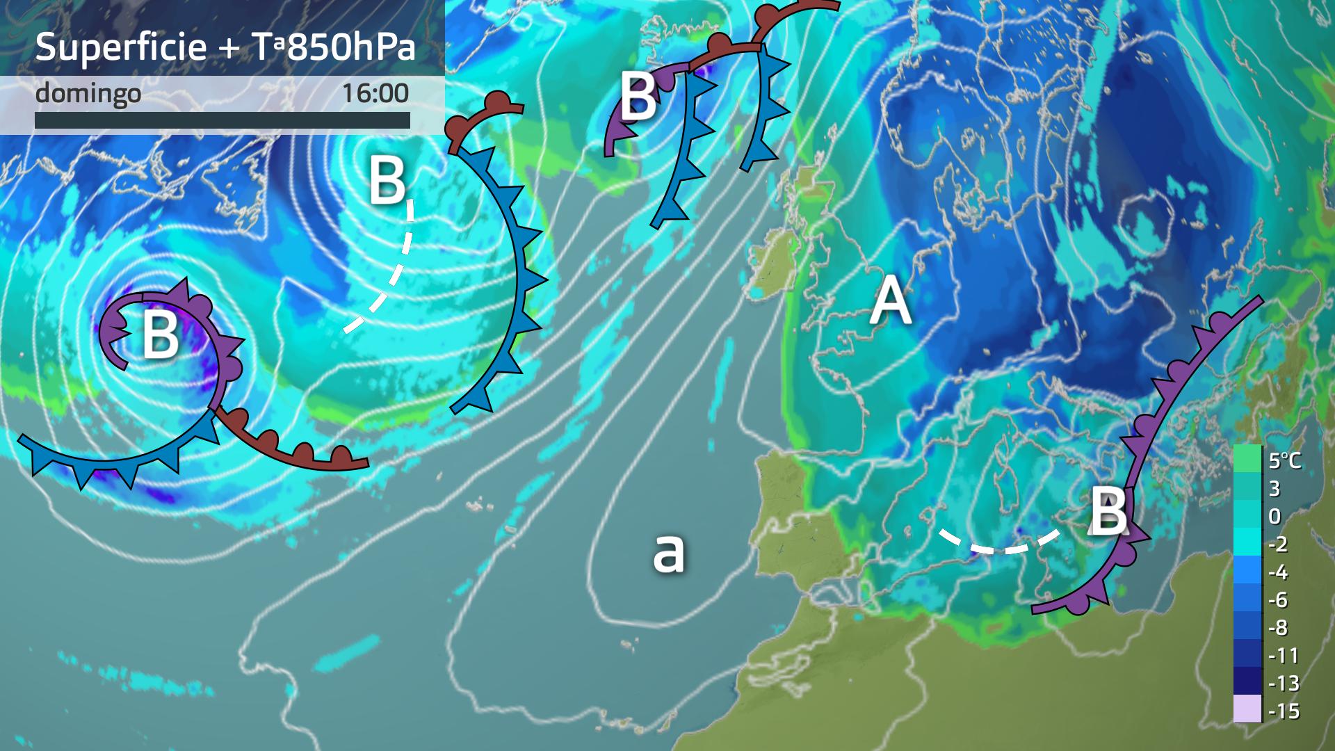 Mapa de superficie y de temperatura a 850 hPa (1500 metros de altura)