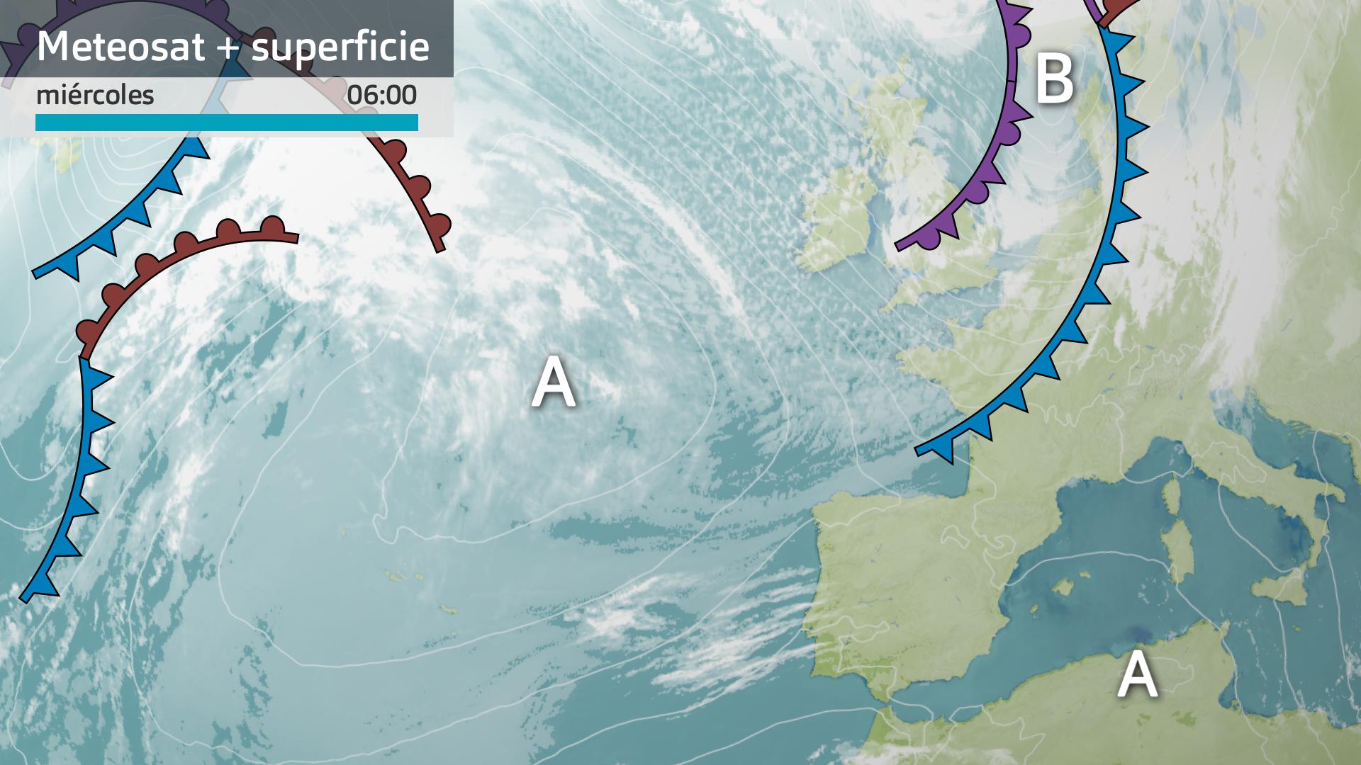 Imagen del Meteosat + mapa de superficie miércoles 25 de marzo 6 h.
