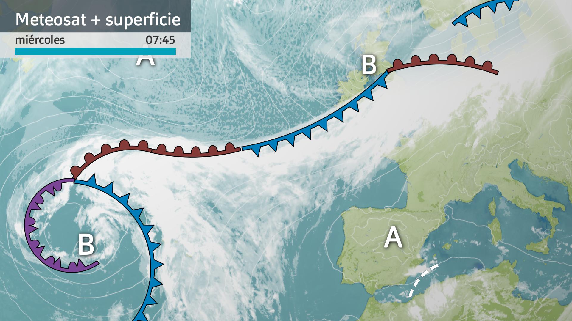 Meteosat + mapa de superficie miércoles 1 de enero 7:45 h.