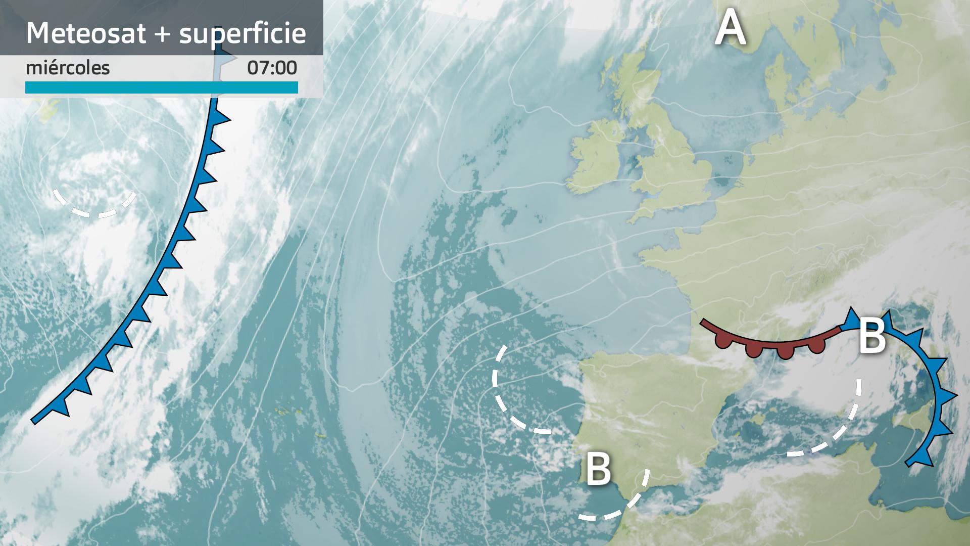 Imagen del Meteosat + mapa de superficie miércoles 24 de diciembre 7 h.