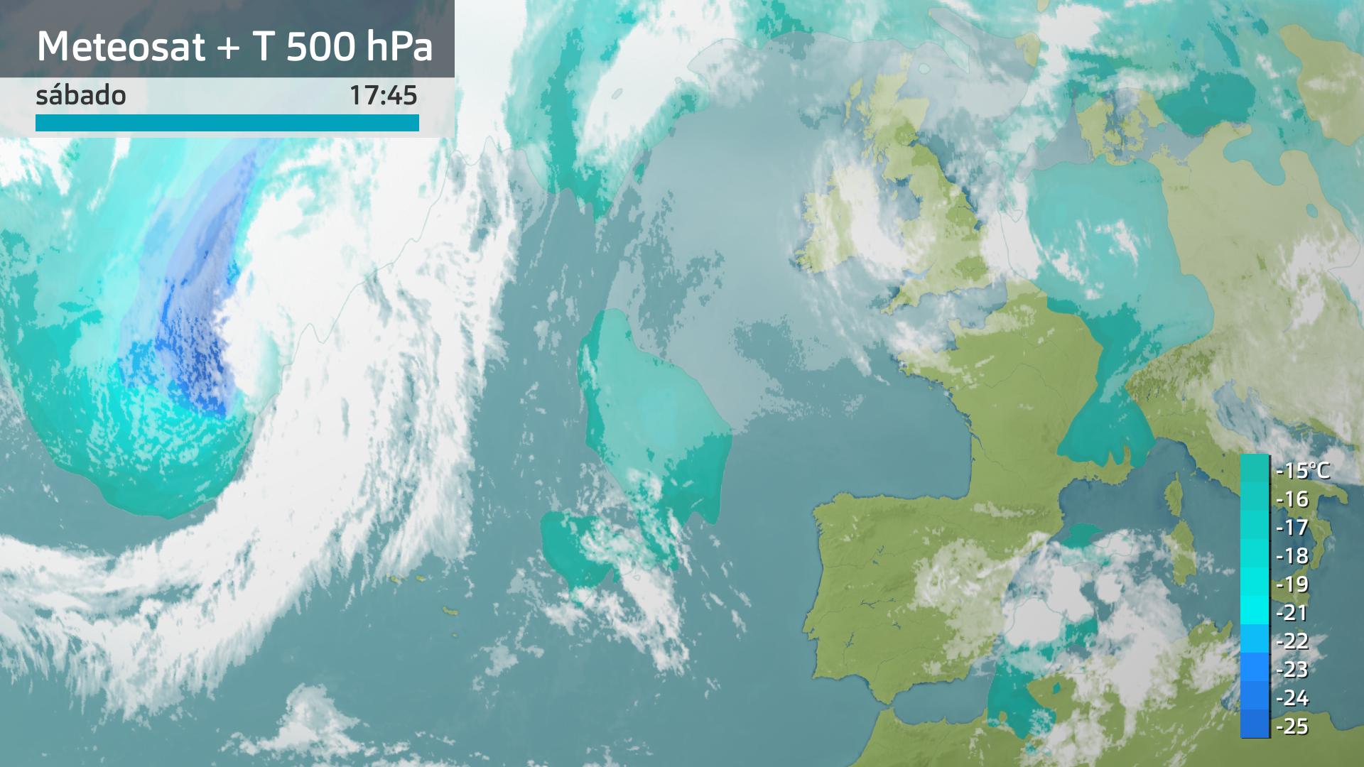 Mapa de superficie y de temperatura a 500 hPa (5500 metros de altura)