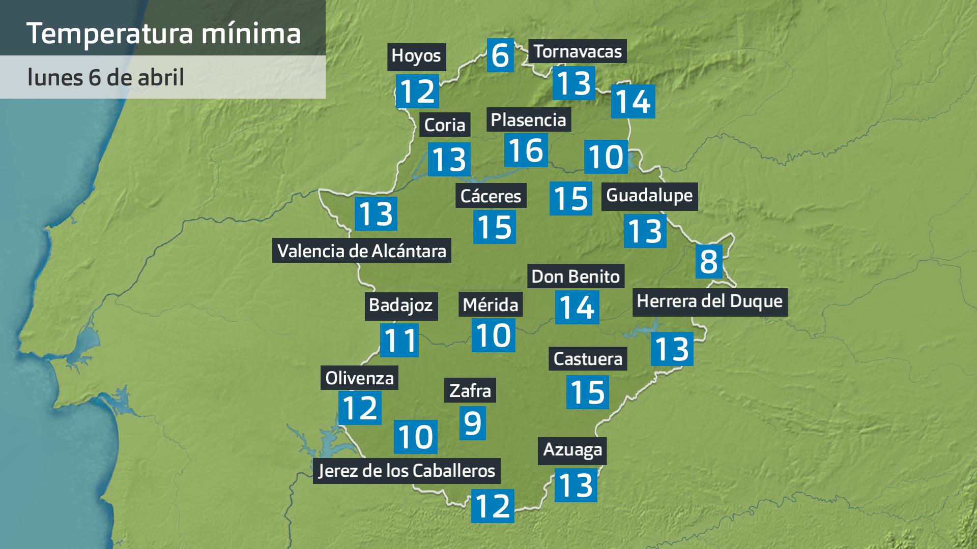 Temperatura mínima lunes 6 de abril. Datos hasta las 6:30 h. Aemet, Meteoclimatic et al.