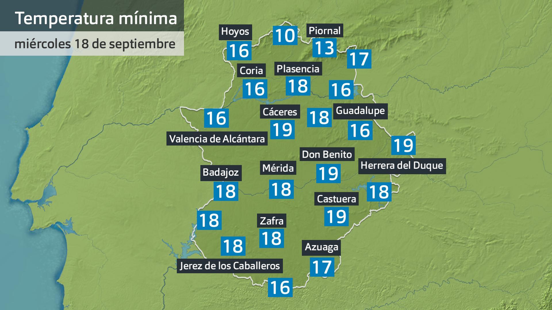 Temperatura mínima miércoles 18 de septiembre. Datos hasta las 6:45 h. Aemet, Meteoclimatic et al.