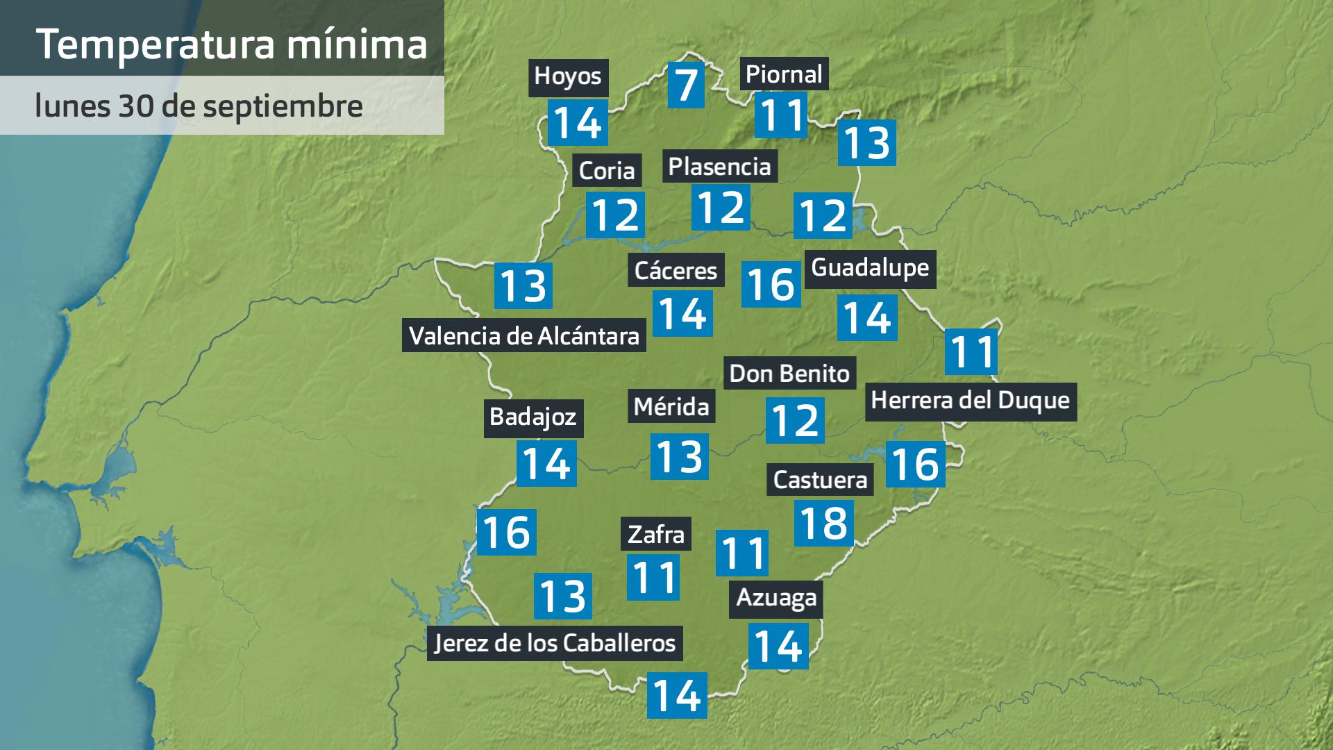 Temperatura mínima lunes 30 de septiembre. Datos hasta las 6:45 h. Aemet, Meteoclimatic et al.