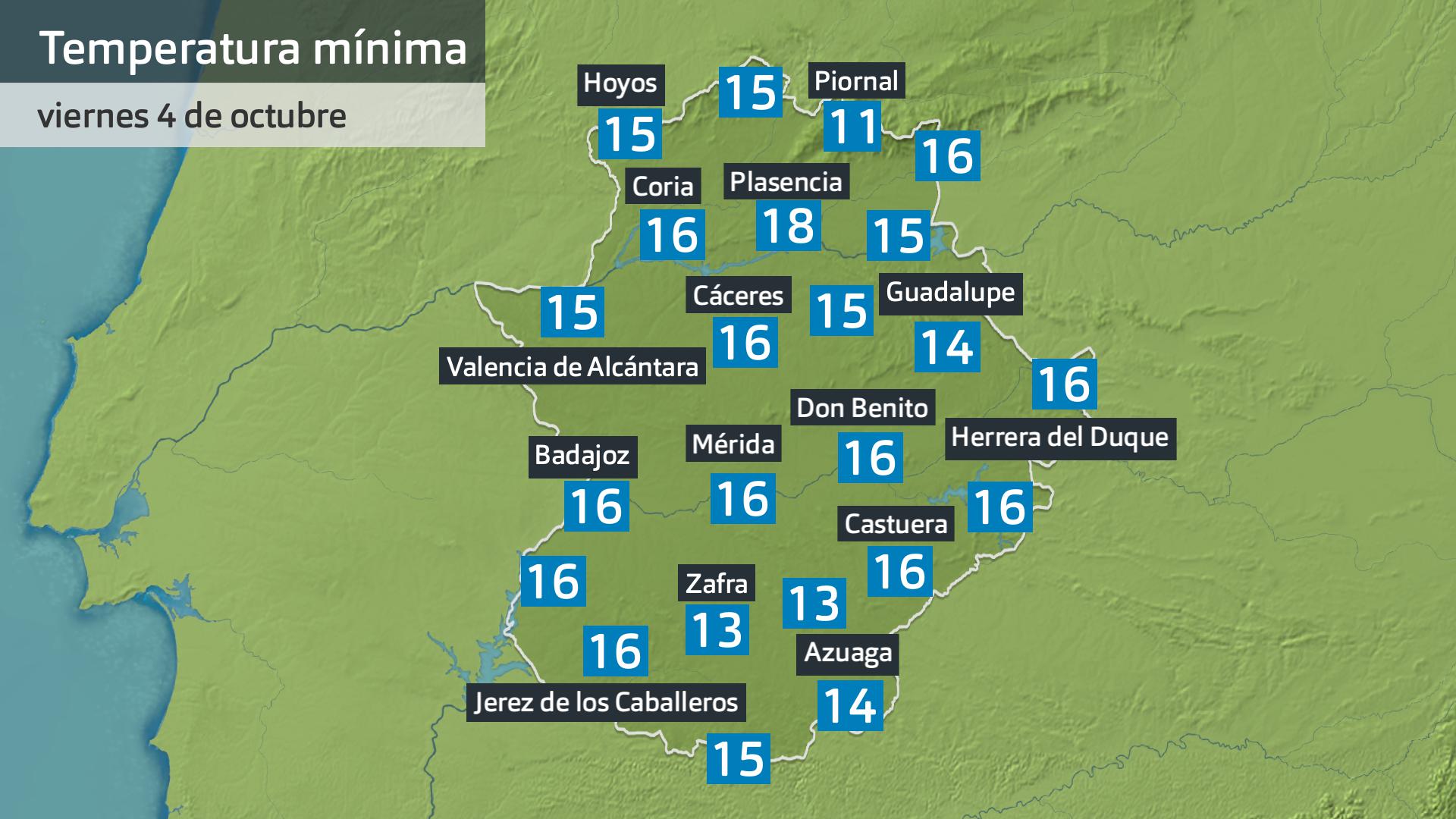 Temperatura mínima viernes 4 de octubre. Datos hasta las 6:45 h. Aemet, Meteoclimatic et al.