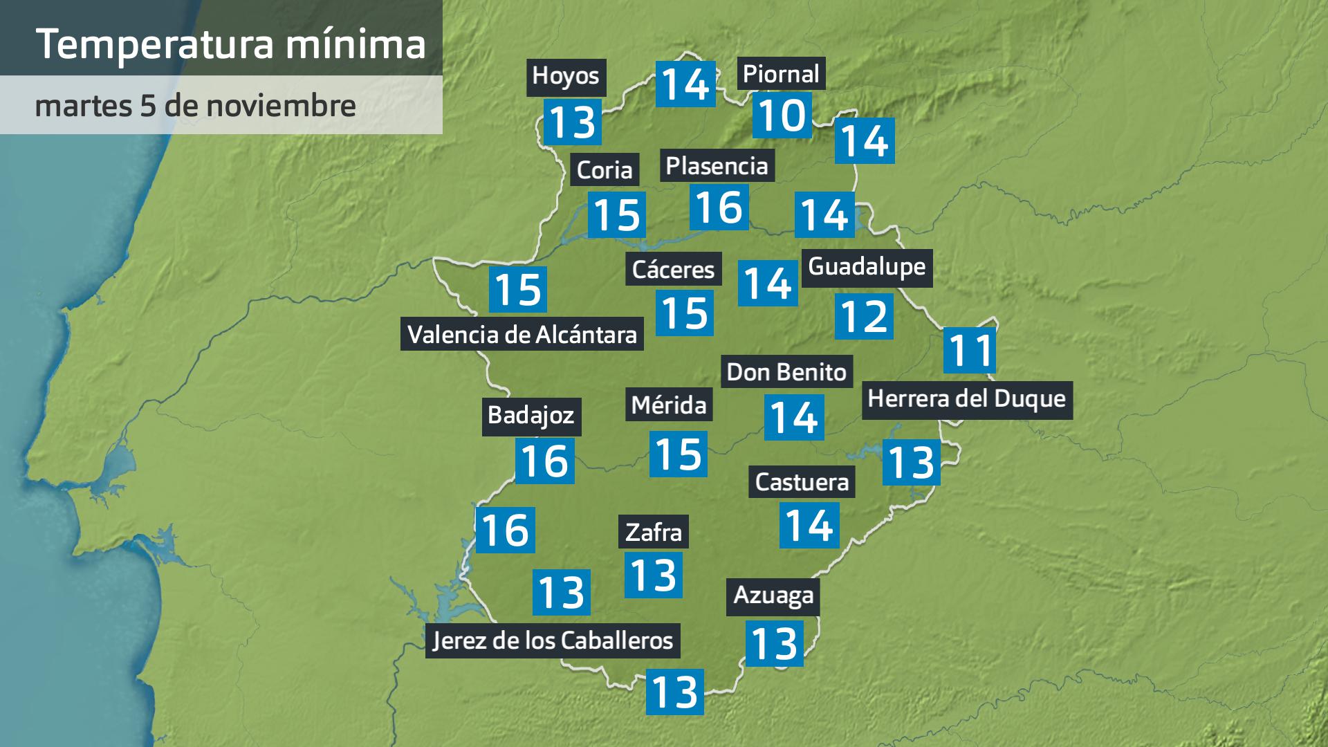 Temperatura mínima martes 5 de noviembre. Datos hasta las 6:45 h. Aemet, Meteoclimatic et al.