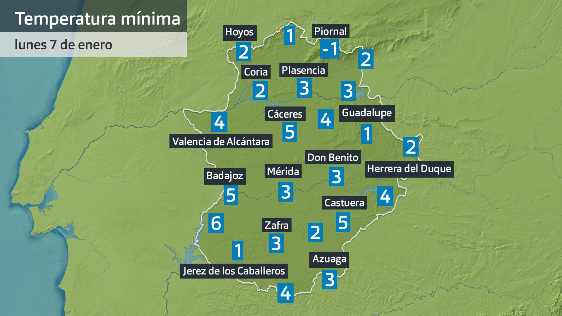 Temperatura mínima martes 7 de enero. Datos hasta las 6:30 h. Aemet, Meteoclimatic et al.