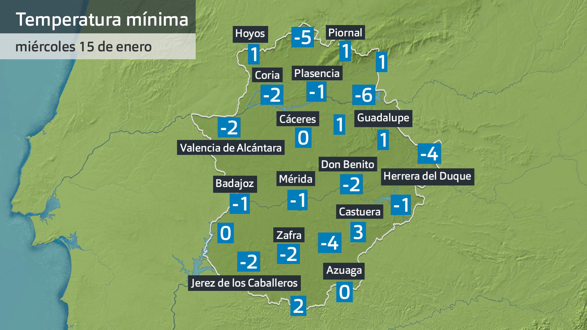 Temperatura mínima miércoles 15 de enero. Datos hasta las 6:30 h. Aemet, Meteoclimatic et al.