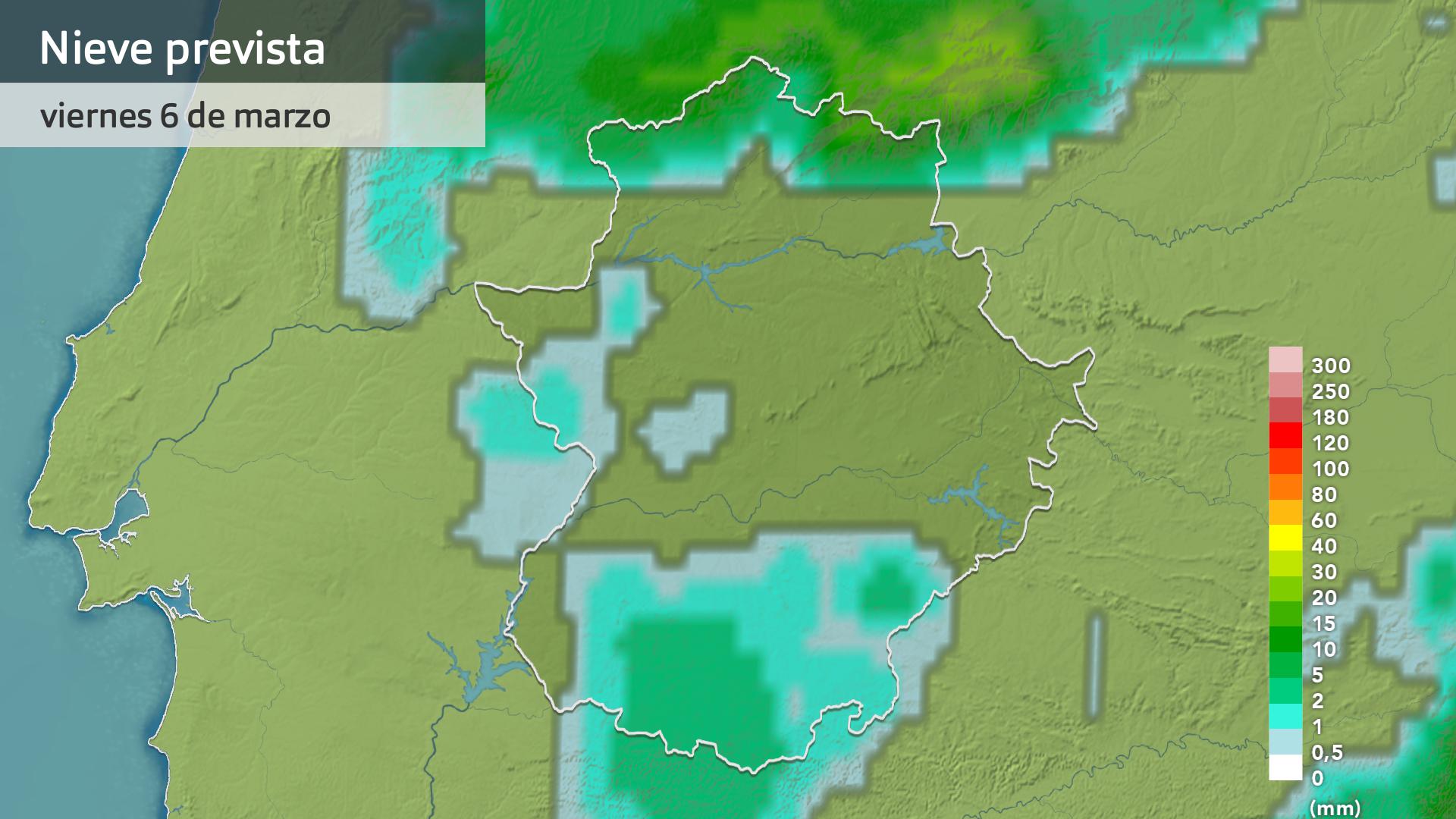 Cantidad de nieve máxima prevista para hoy viernes 6 de marzo