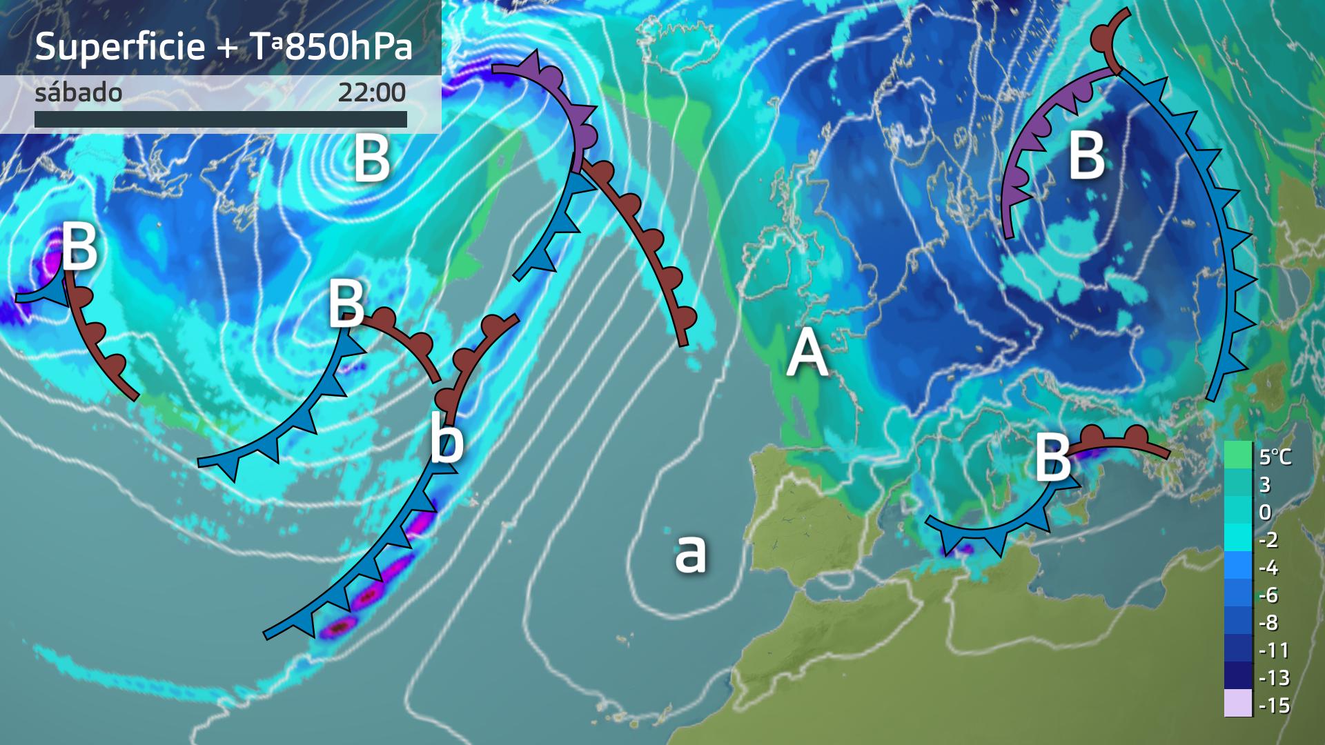 Mapa de superficie y de temperatura a 850 hPa (1500 metros de altura)