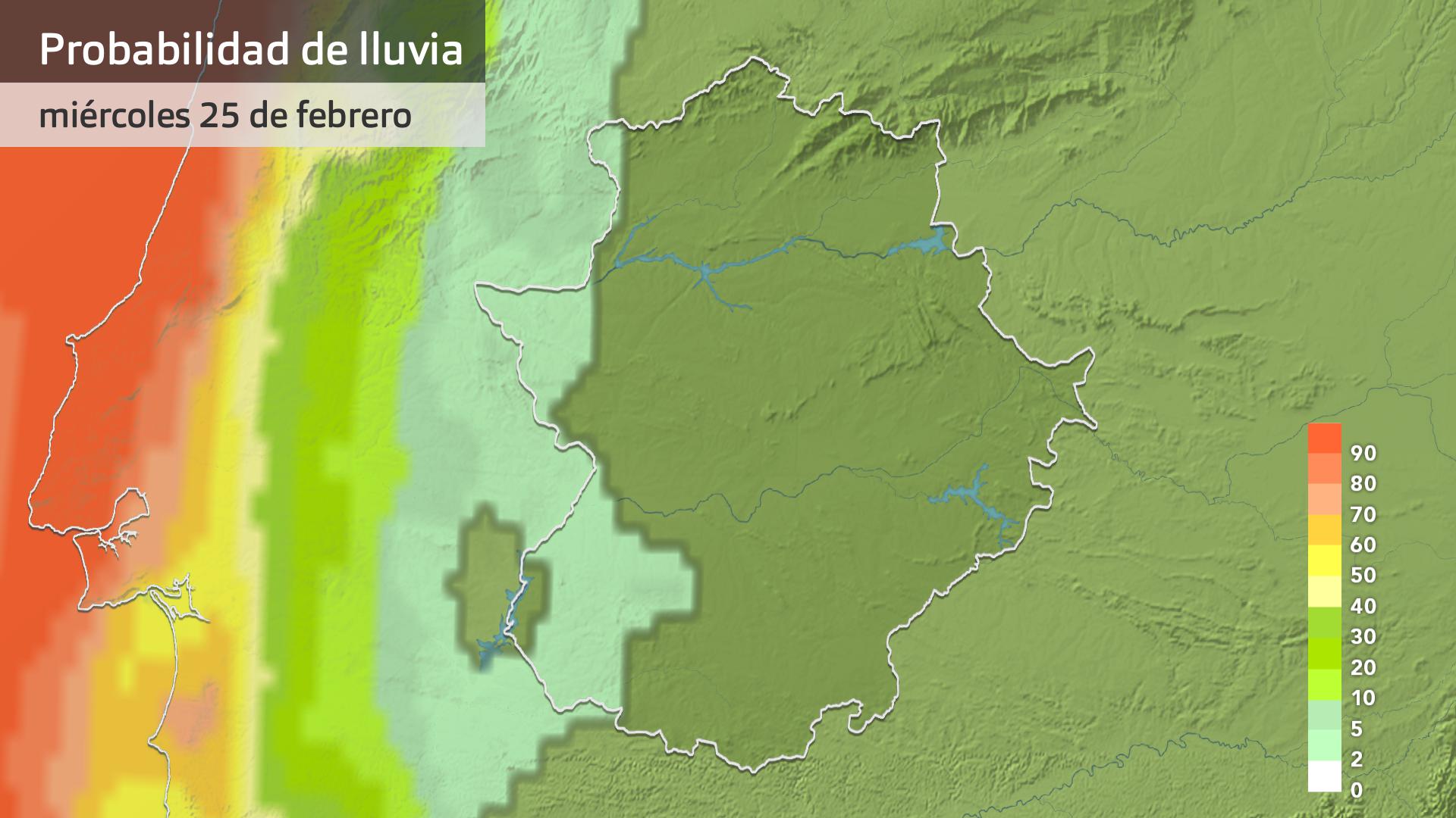Probabilidad de lluvia (>0,5 mm) para hoy miércoles 25 de febrero
