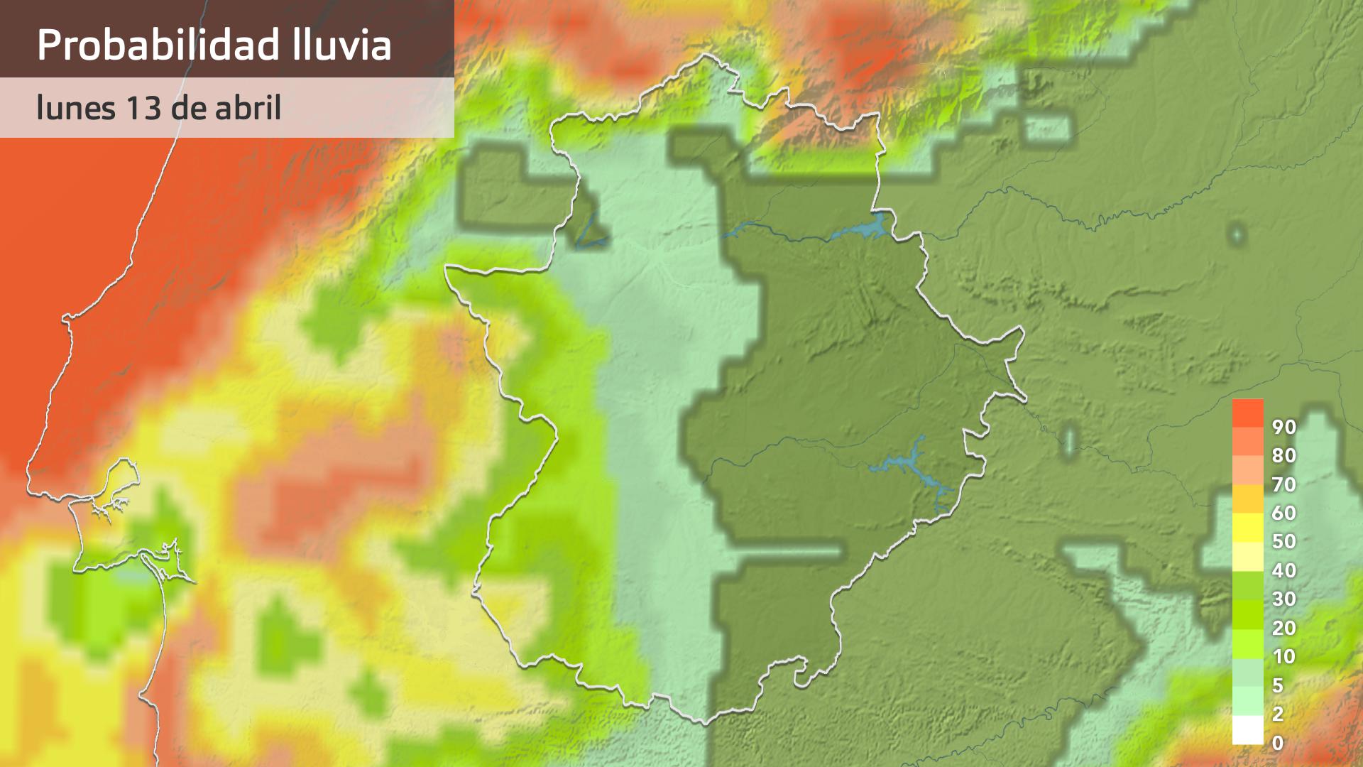 Probabilidad de lluvia (>0,5 mm) para hoy lunes 13 de abril