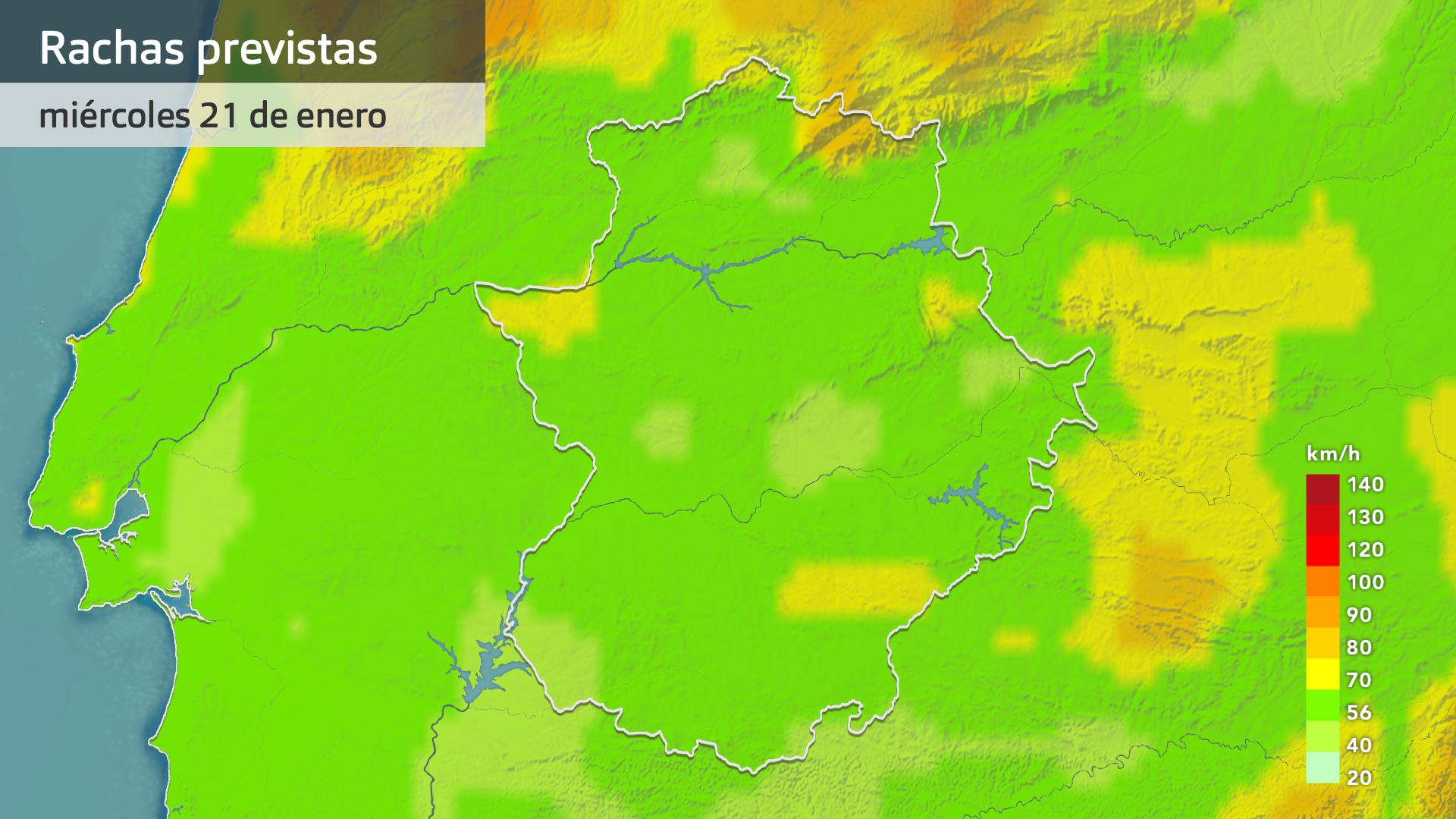 Rachas máxmas de viento previstas para hoy miércoles 21 de enero