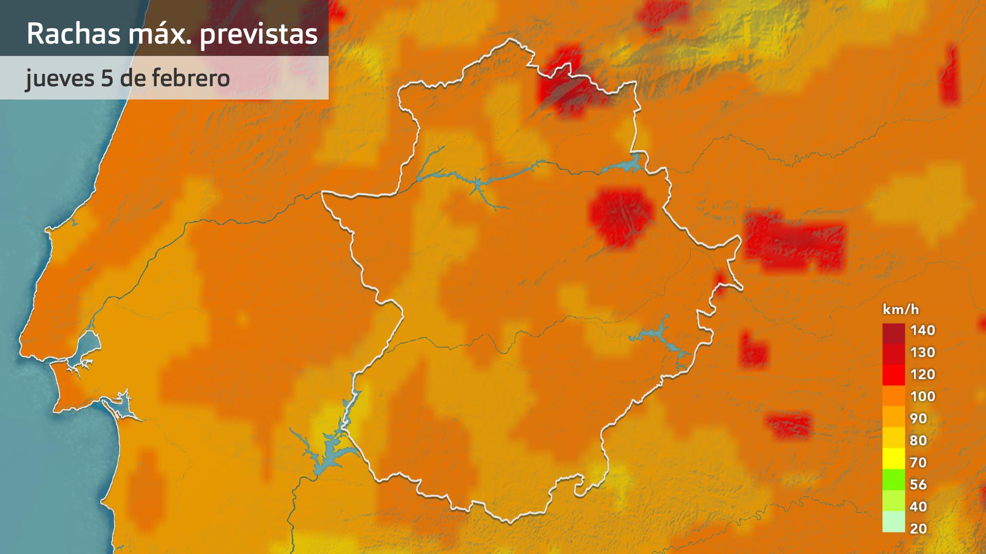 Rachas de viento máximas prevista para hoy jueves 5 de febrero
