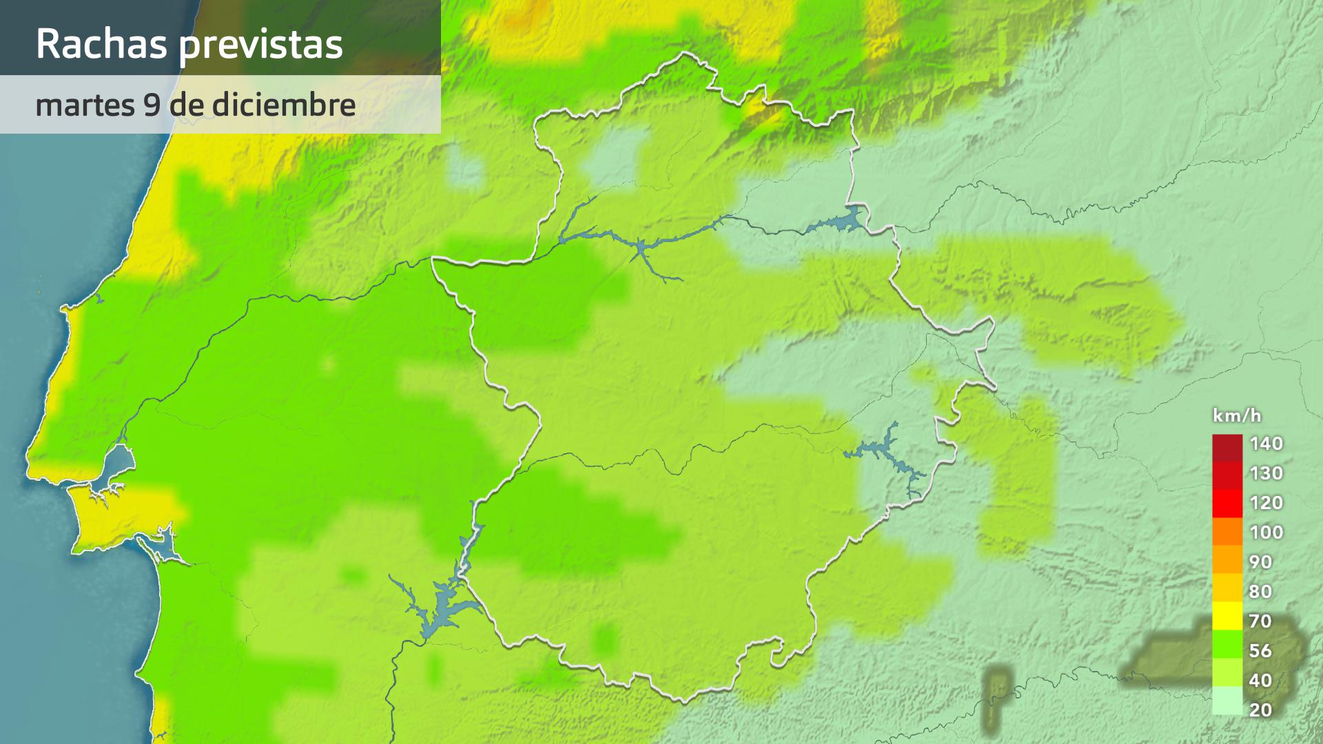 Rachas máximas de viento previstas para hoy martes 9 de diciembre