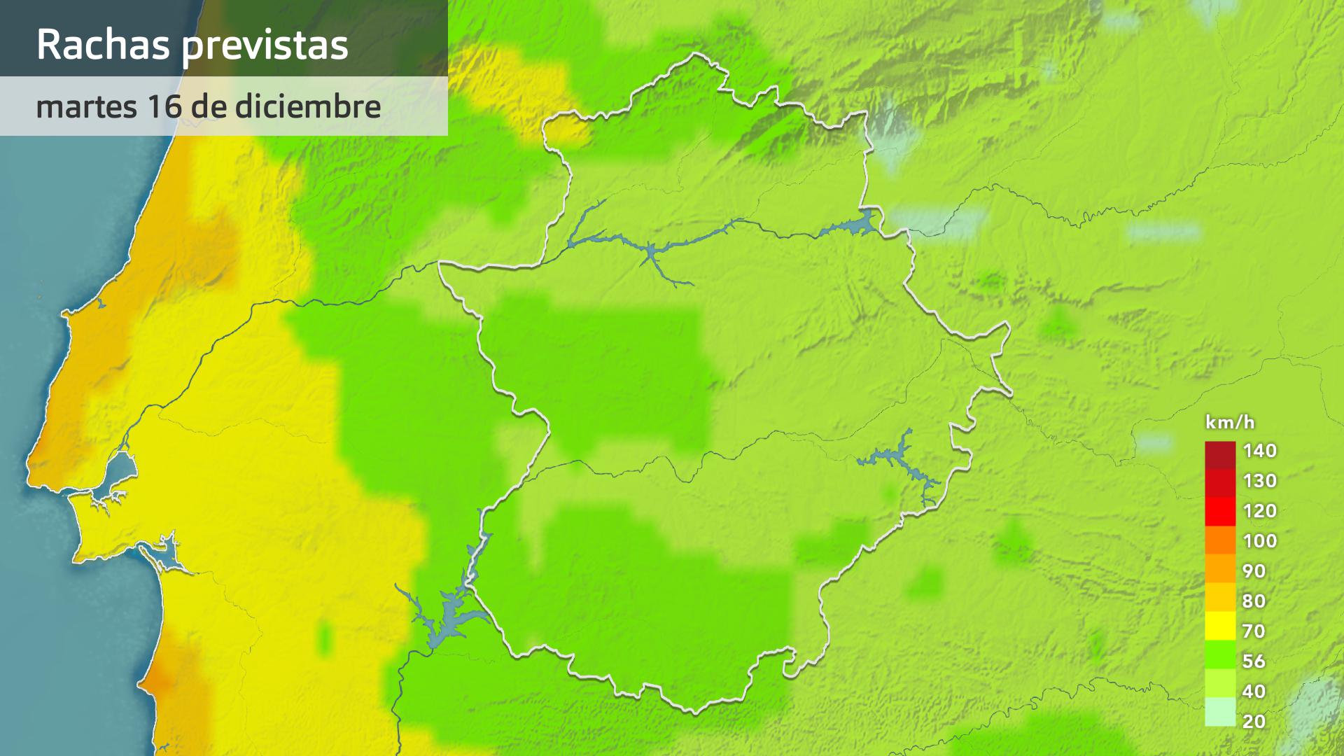 Rachas de viento máximas previstas para hoy martes 16 de diciembre