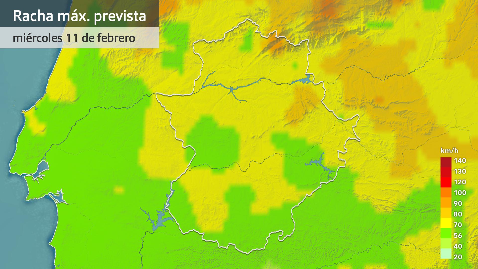 Rachas máximas de viento previstas para hoy miércoles 11 de febrero