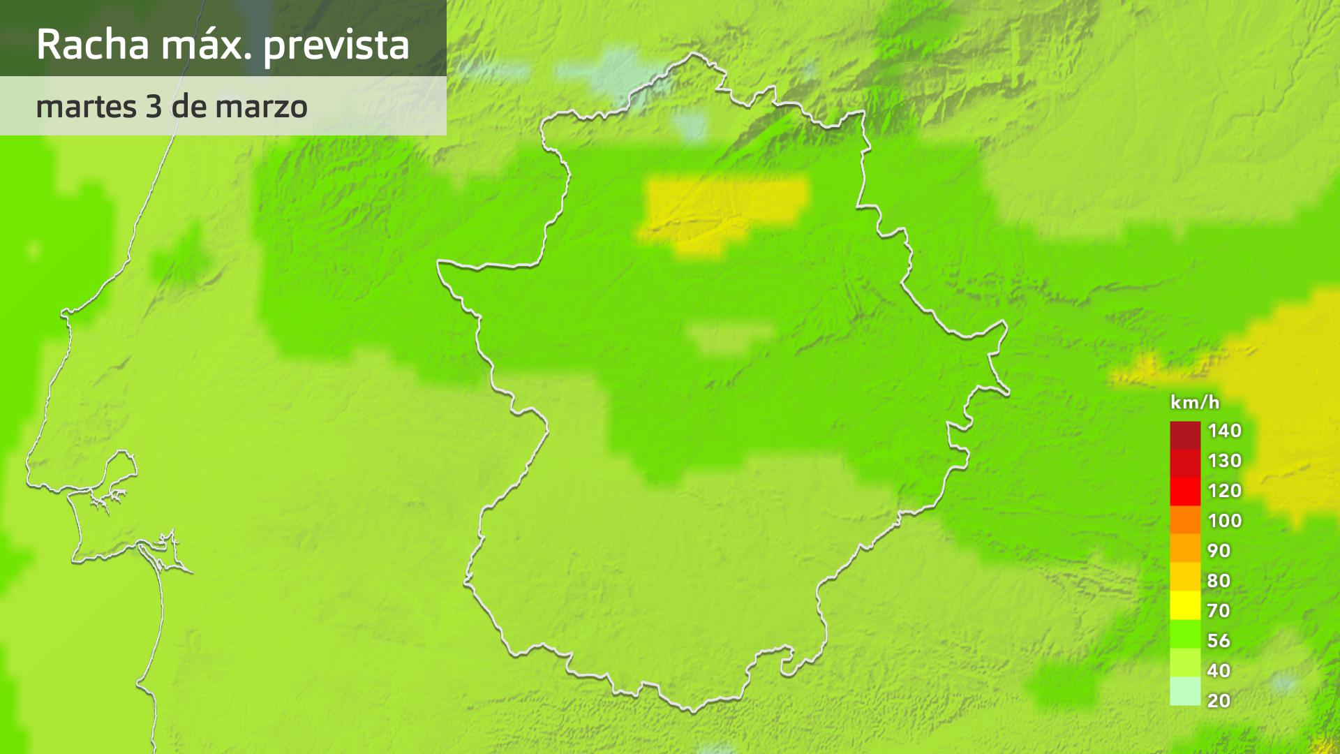 Rachas máximas de viento previstas para hoy martes 3 de marzo