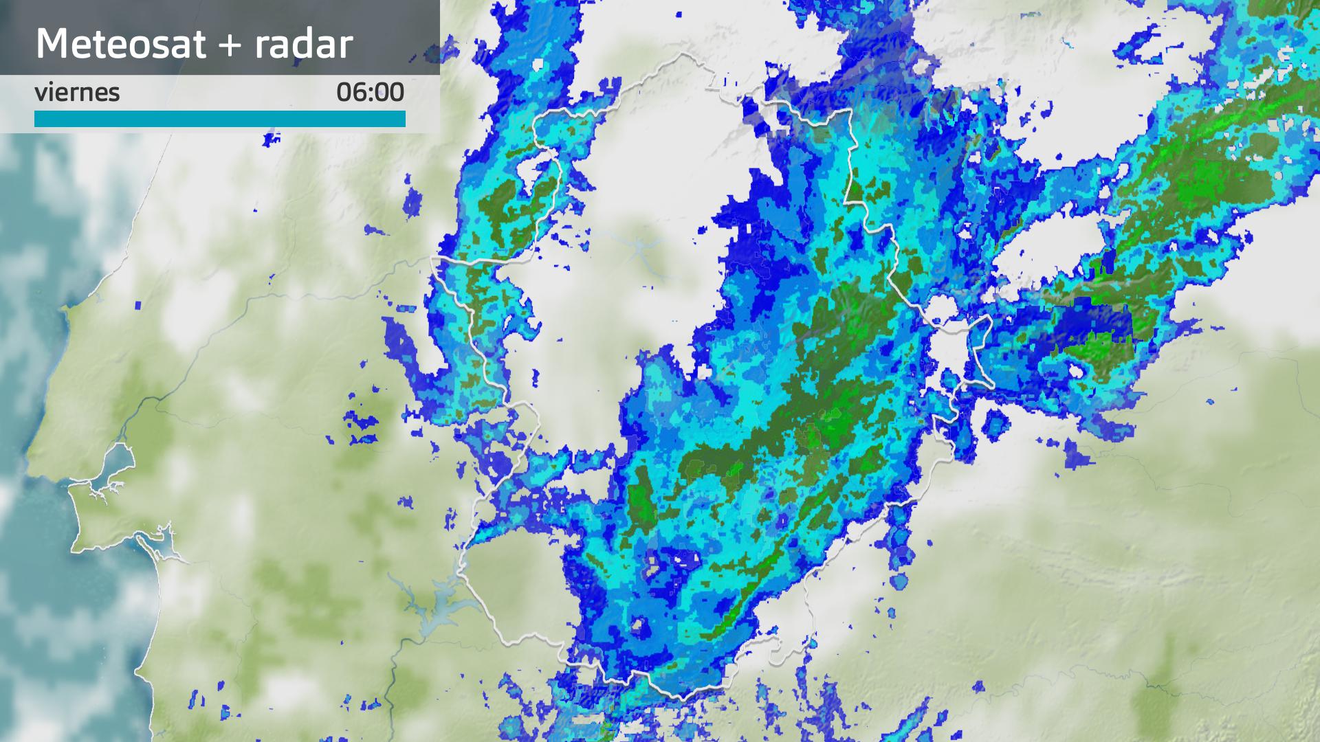 Imagen del Meteosat + radar meteorológico viernes 13 de febrero 6 h.