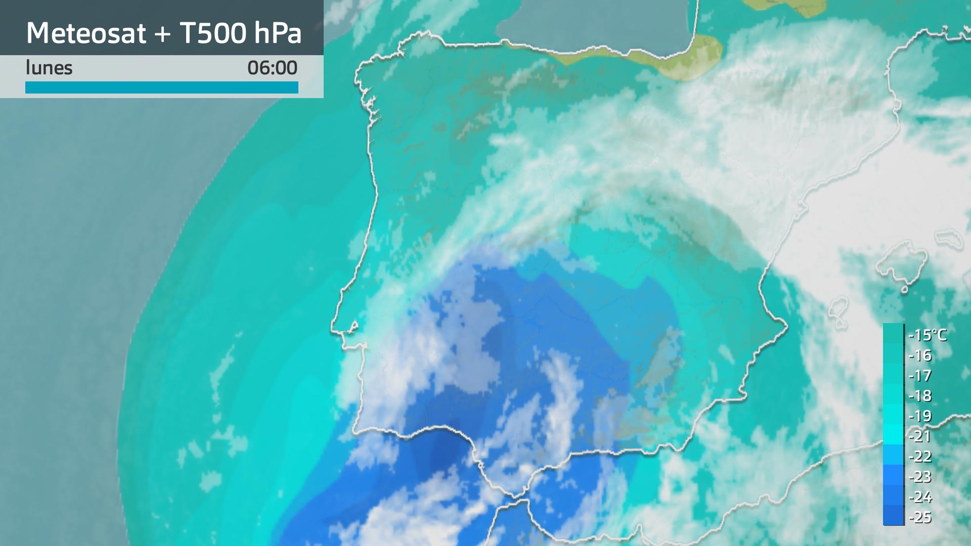 Imagen del Meteosat + temperatura a 500 hPa lunes 28 de octubre 6 h. 