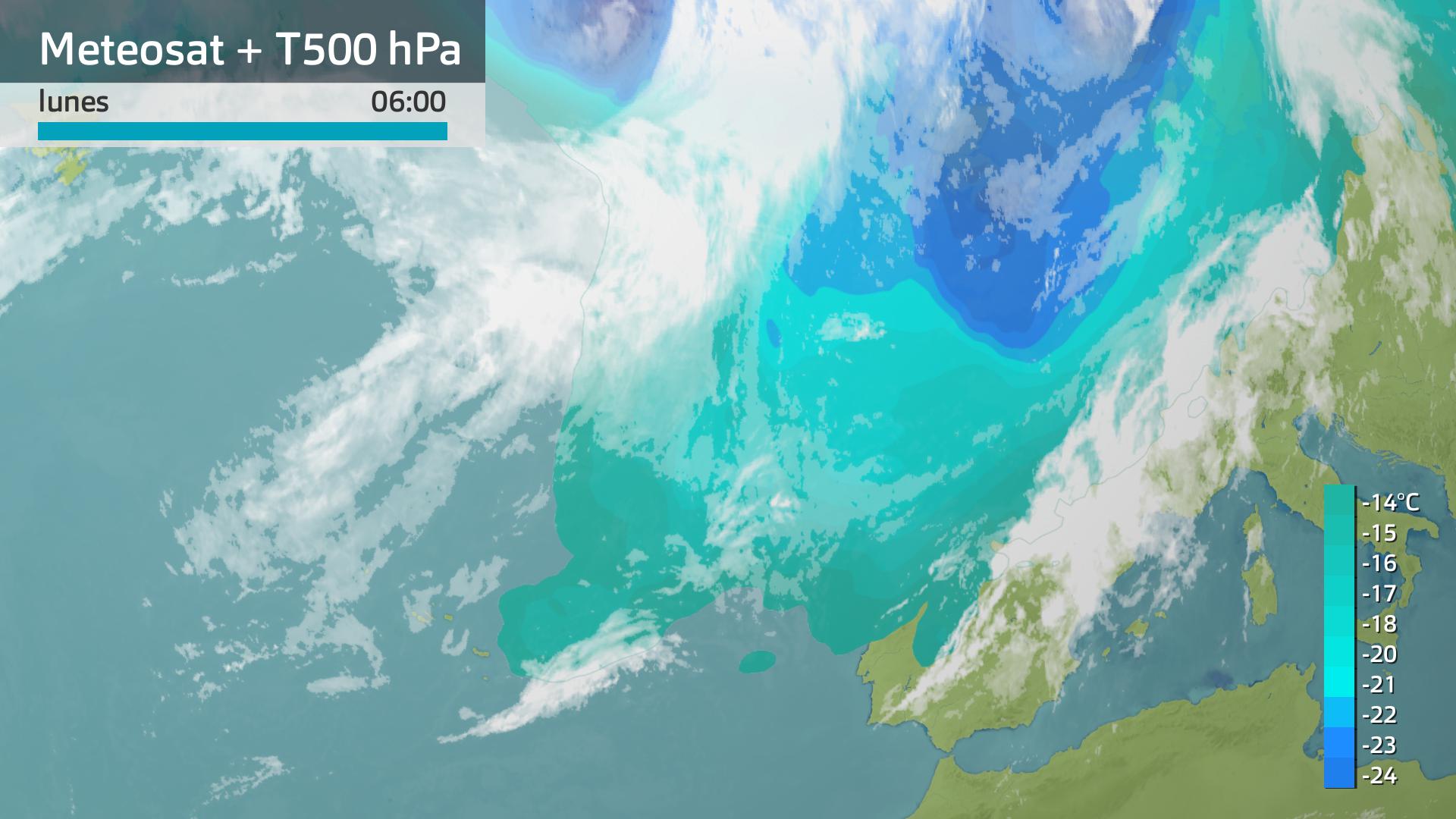 Imagen del Meteosat + temperatura a 500 hPa (5500 m aprox) lunes 2 de junio 6 h.