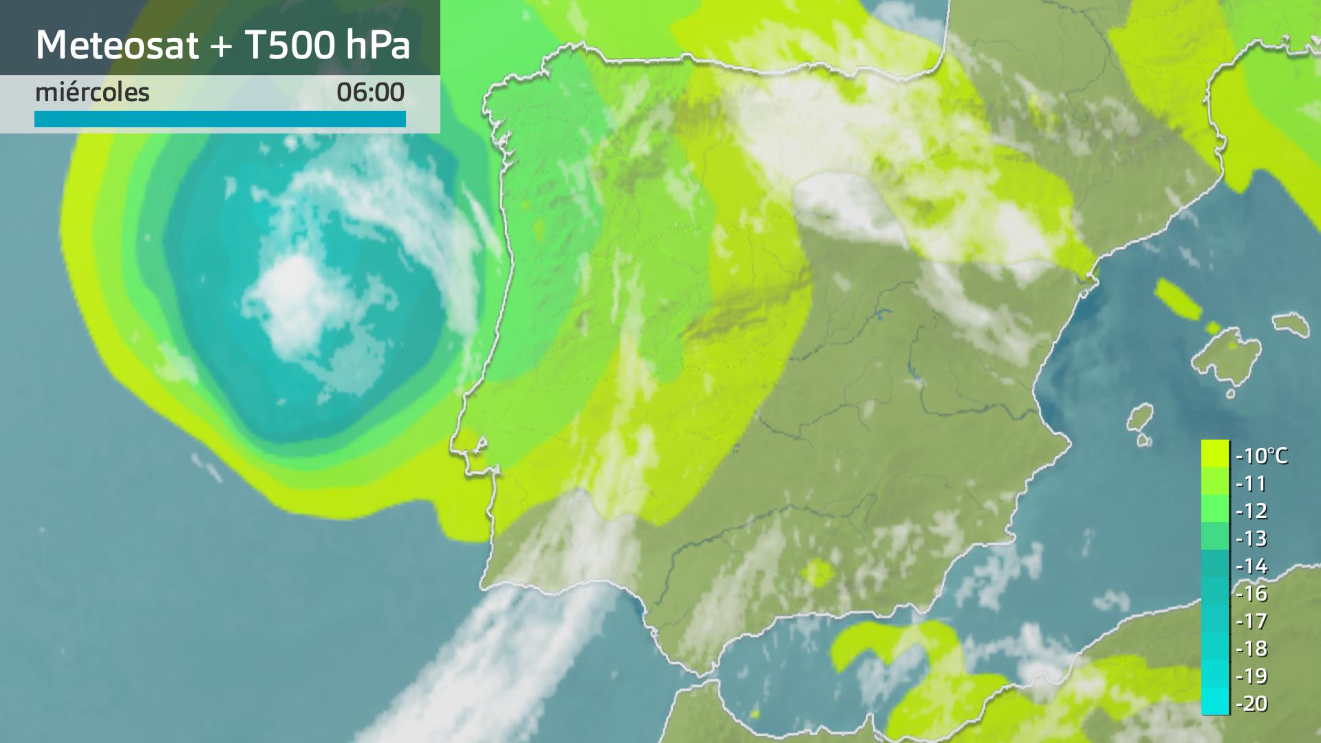 Imagen del Meteosat + temperatura a 500 hPa miércoles 26 de junio 6 h.