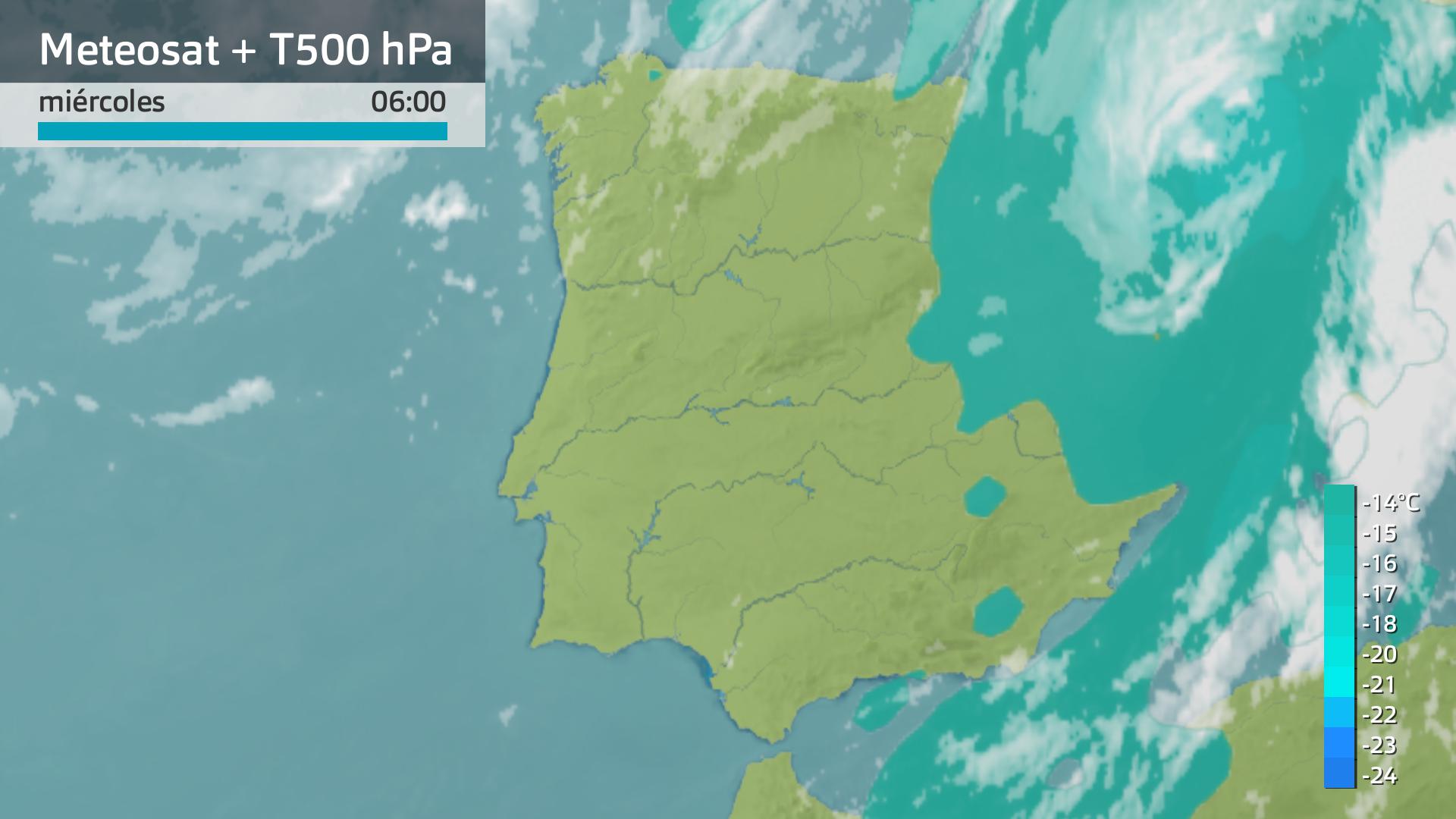 Imagen del Meteosat + temperatura a 500 hPa (5500 m aprox.) miércoles 4 de junio 6 h.