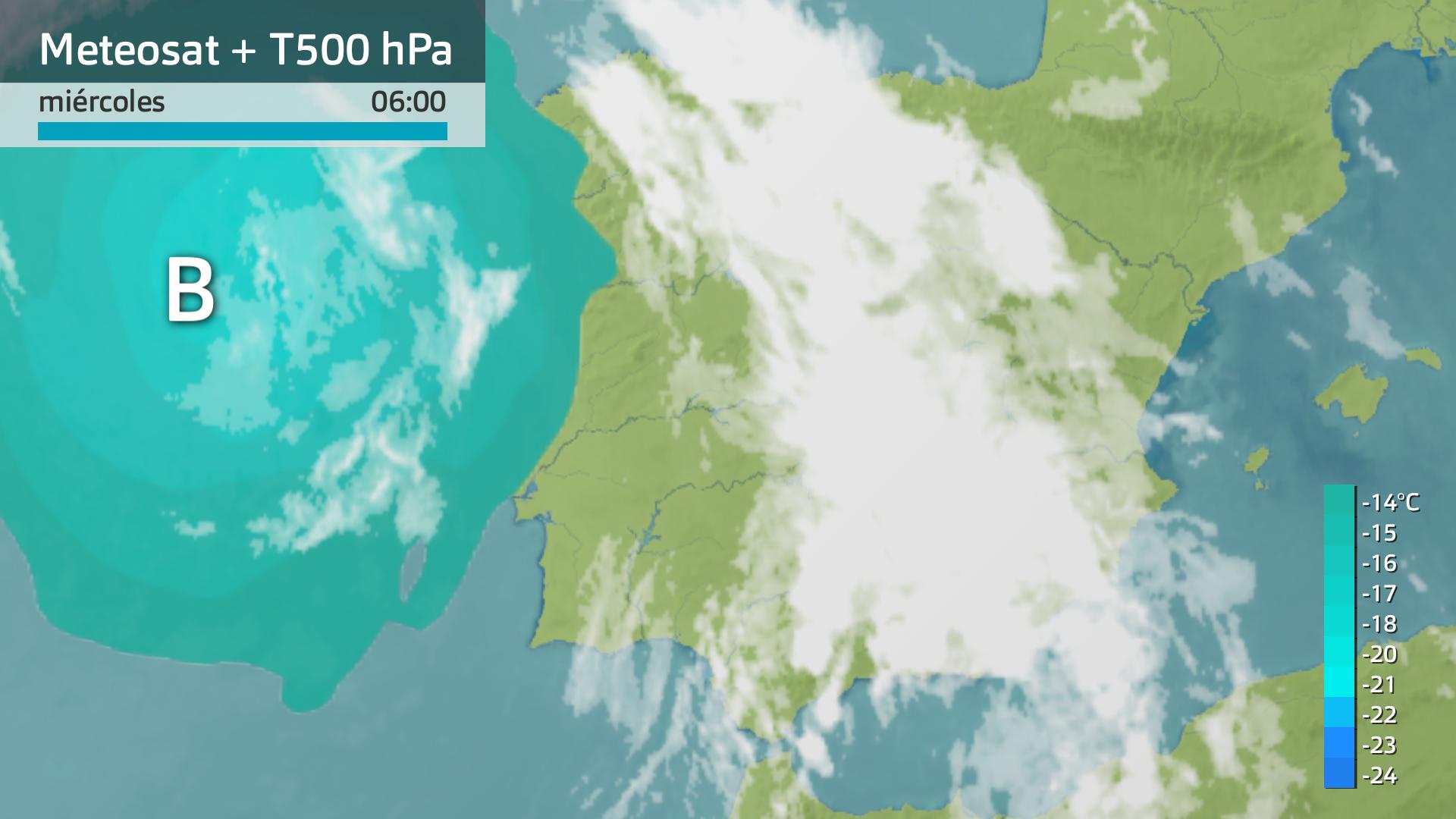 Imagen del Meteosat + temperatura a 500 hPa (5500 m) miércoles 11 de junio 6 h.