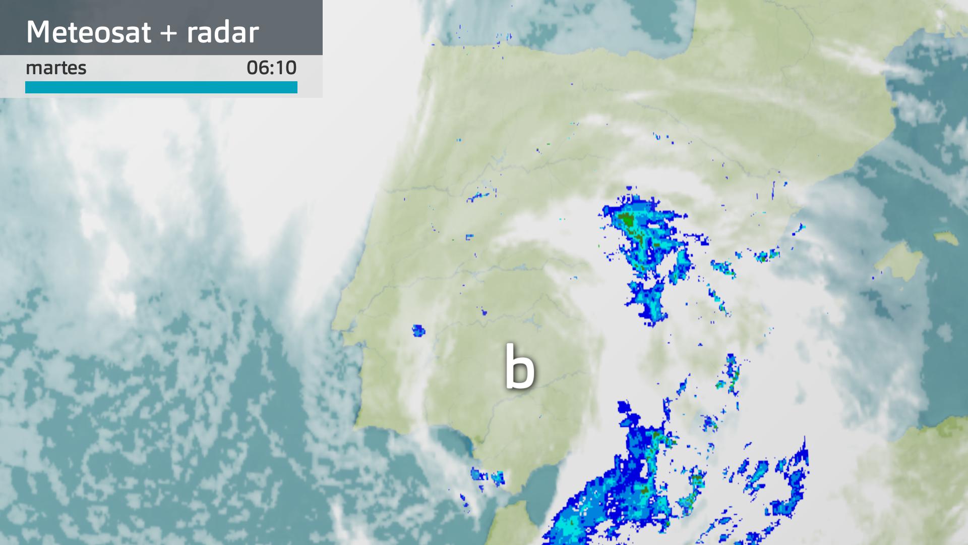 Imagen del Meteosat + radar meteorológico martes 10 de marzo 6:10 h.