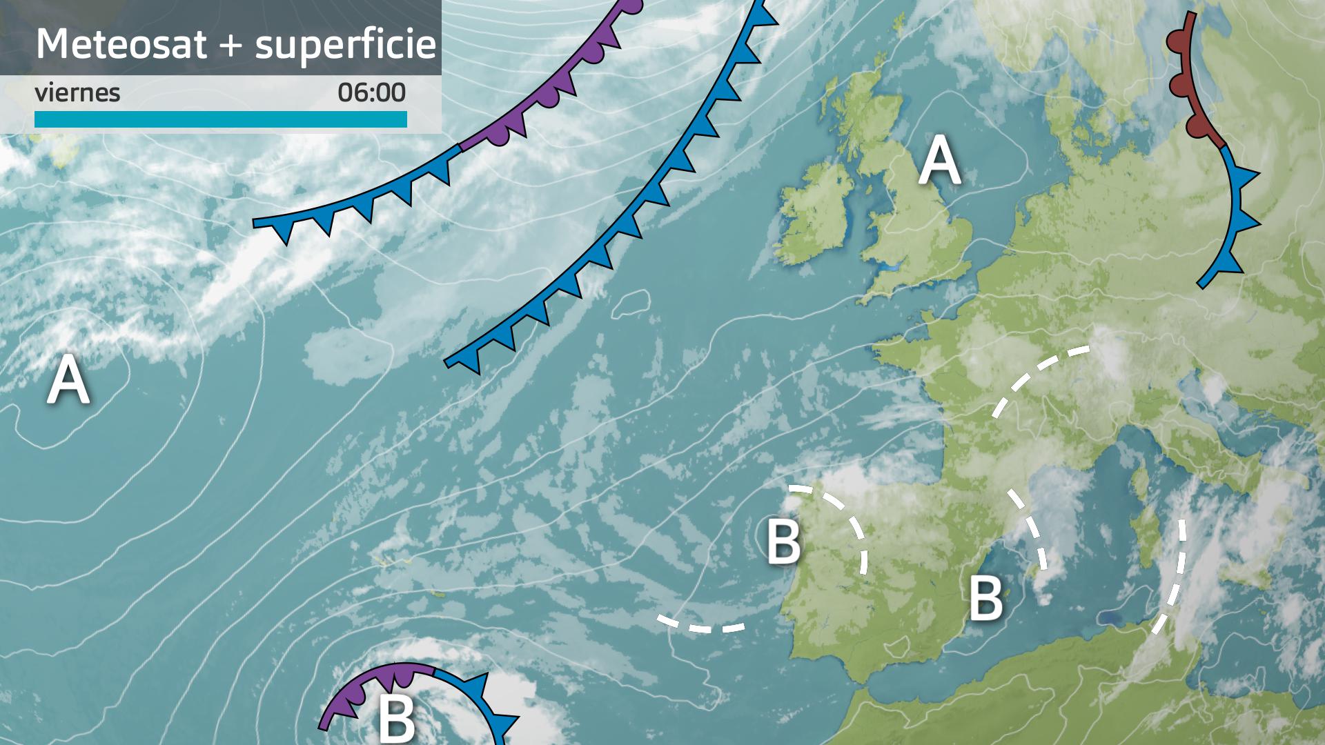 Imagen del Meteosat + mapa de superficie viernes 9 de mayo 6 h.