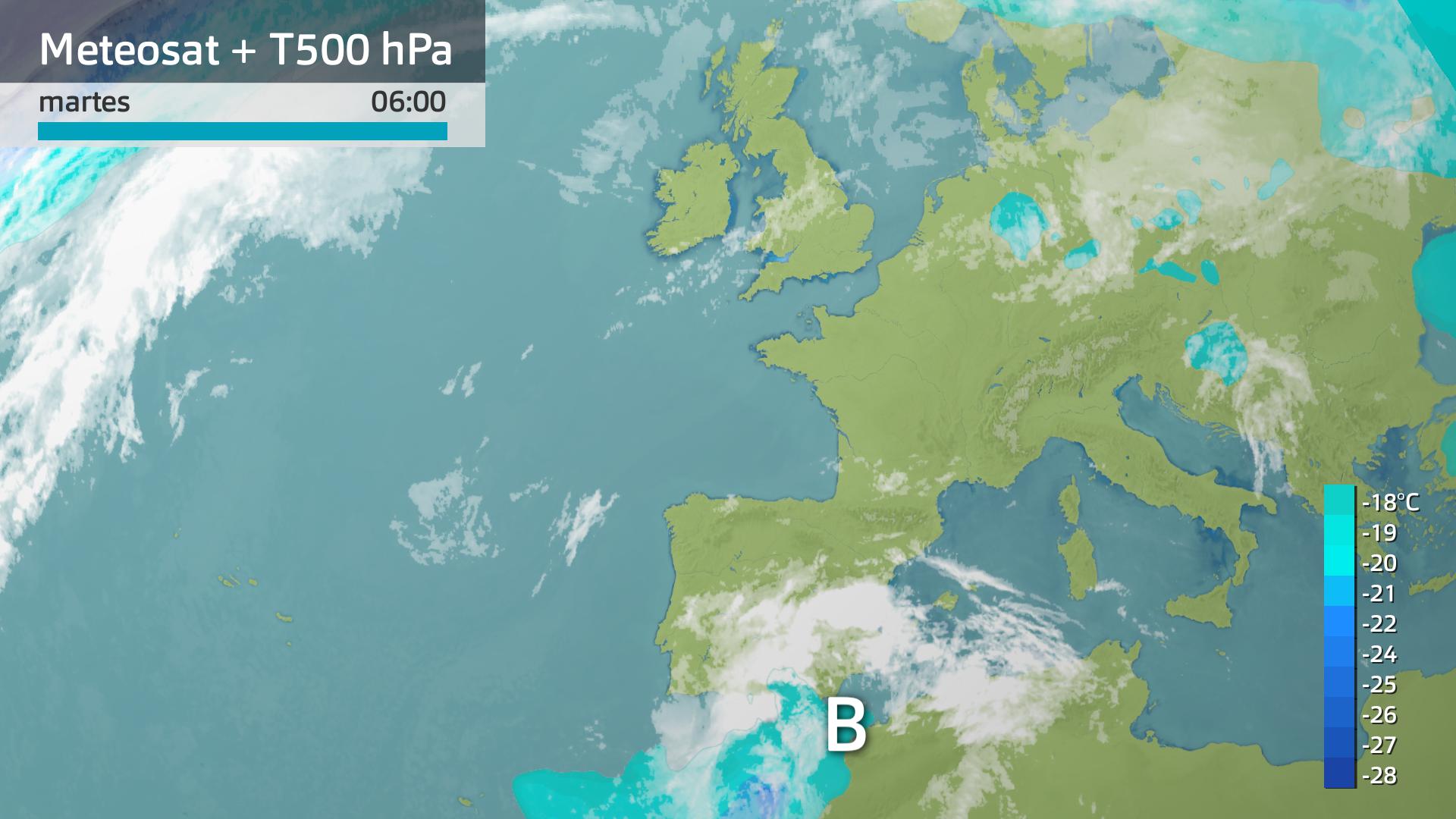 Imagen del Meteosat + temperatura a 500 hPa martes 29 de octubre 6 h.