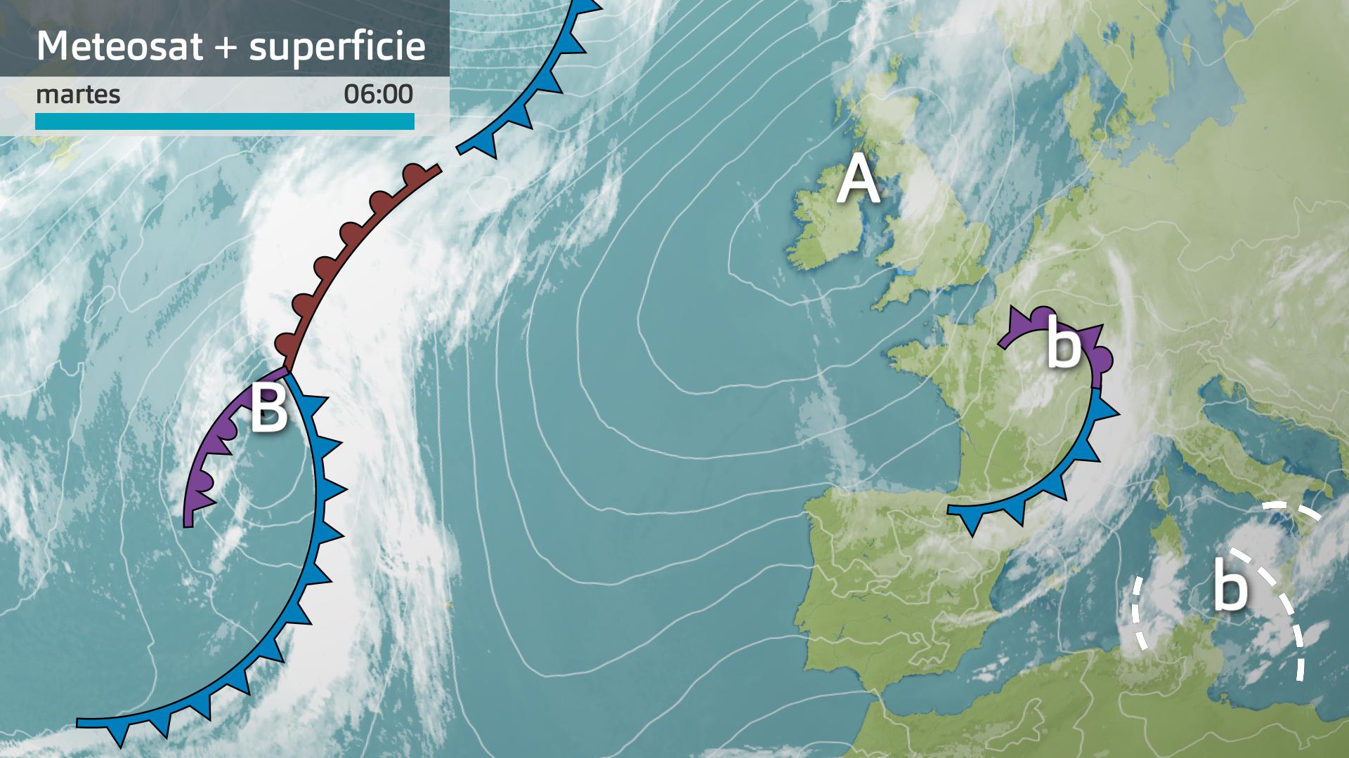 Imagen del Meteosa + mapa de superficie martes 12 de noviembre 6 h.