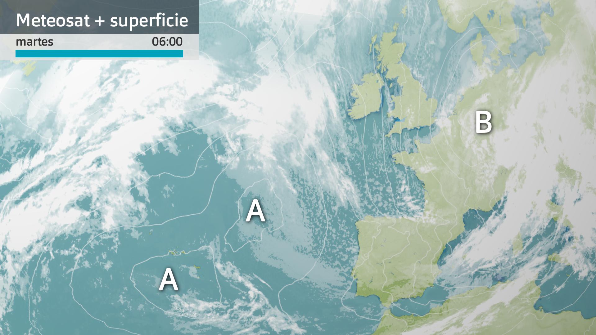 Imagen del Meteosat + mapa de presión en superficie martes 25 de noviembre 6 h.