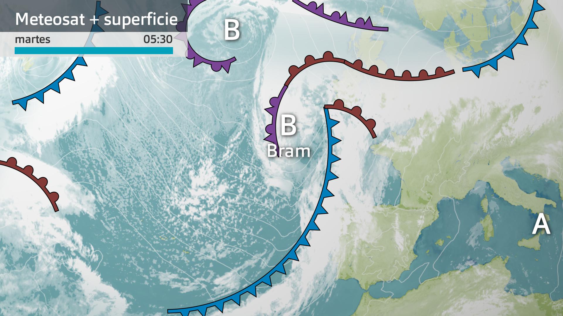 Imagen del Meteosat + mapa de superficie martes 9 de diciembre 6 h.