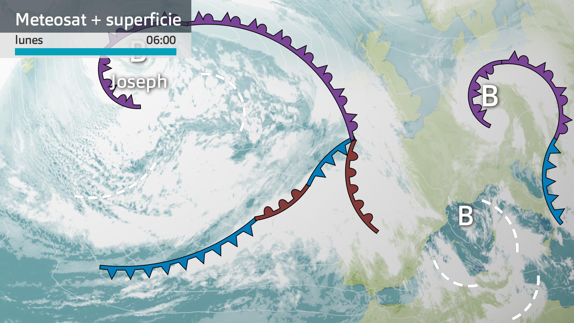Imagen del Meteosat + mapa de superficie lunes 26 de enero 6 h.