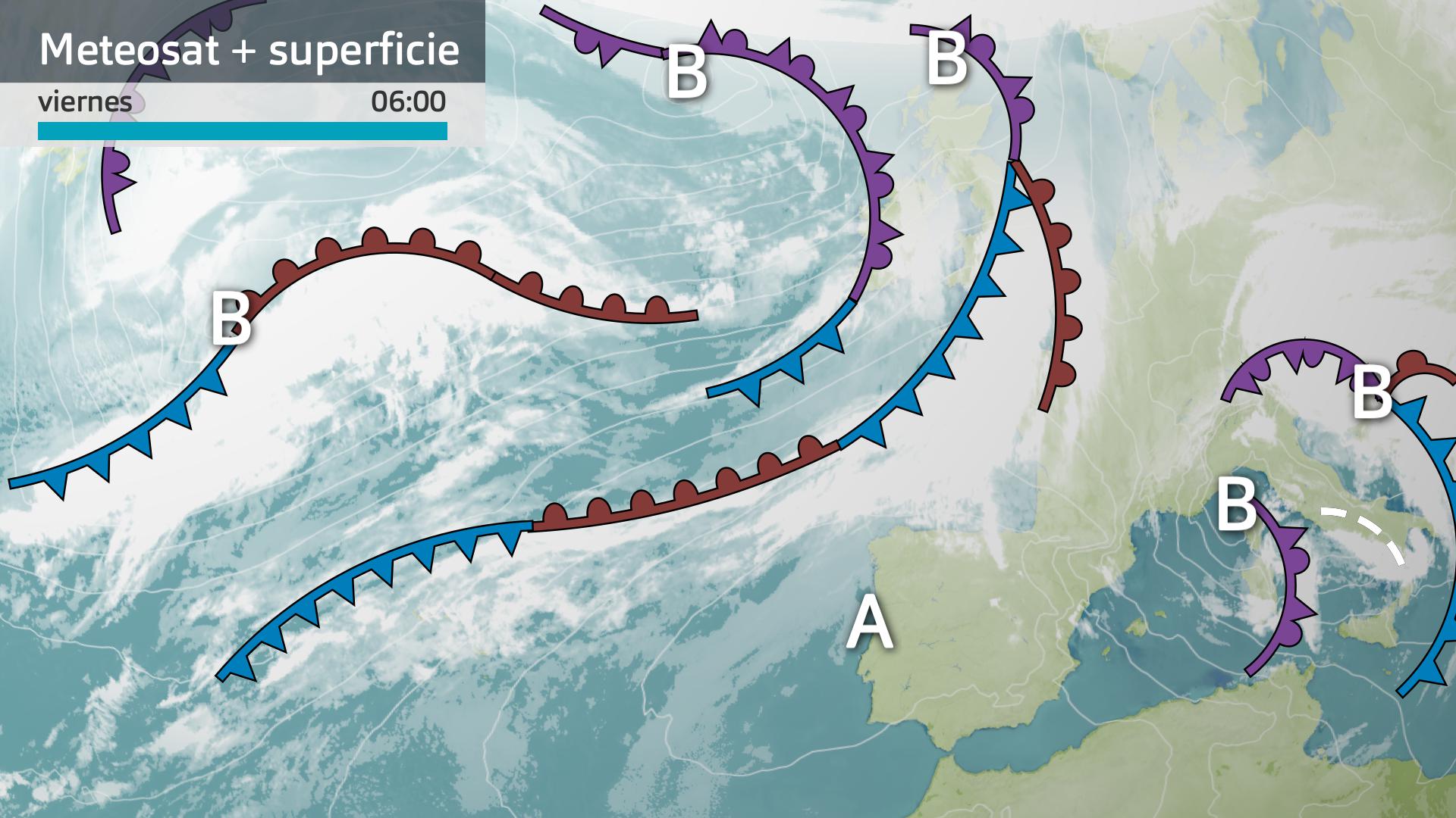 Imagen del Meteosat + mapa de superficie viernes 20 de febrero 6 h.