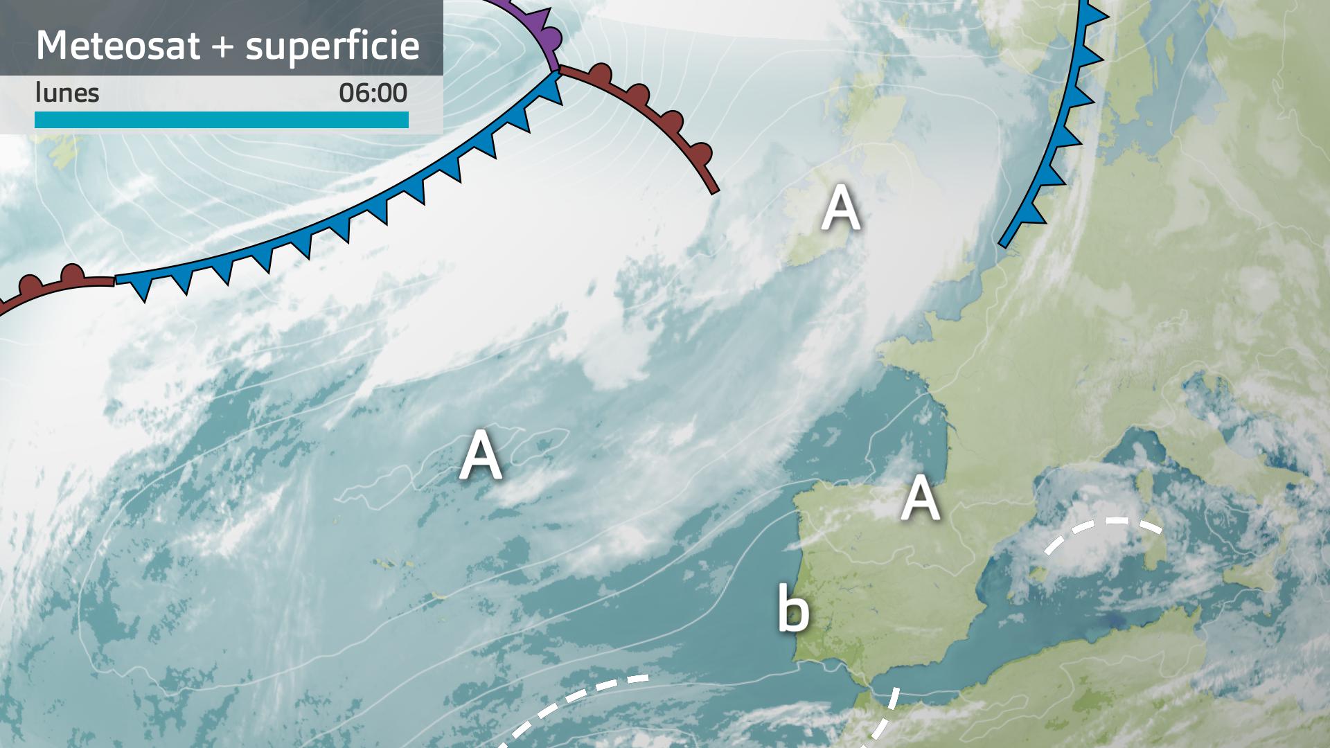 Imagen del Meteosat + mapa de superficie lunes 23 de marzo 6 h.