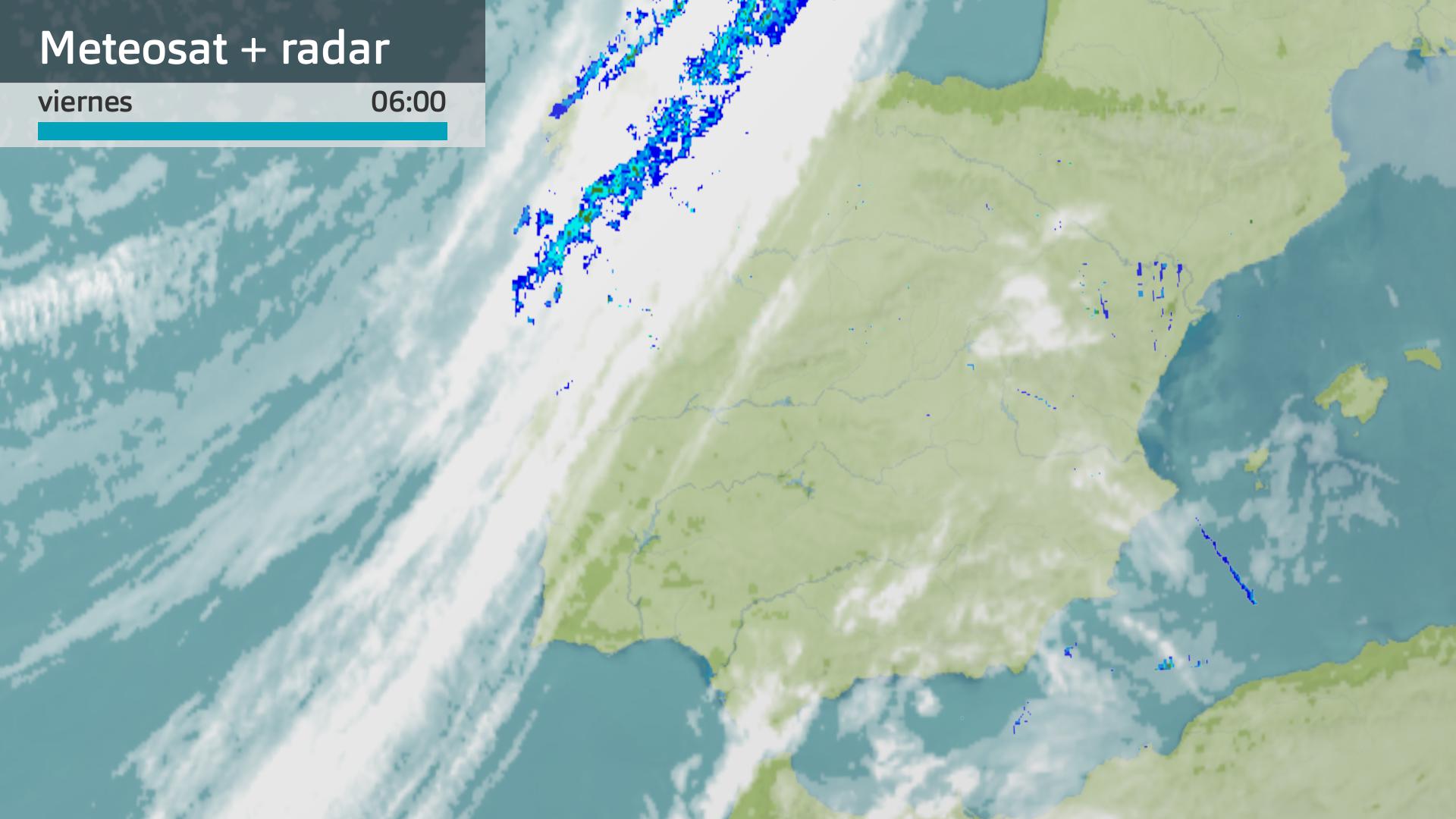 Imagen del Meteosat + radar meteorológico viernes 27 de febrero 6 h.