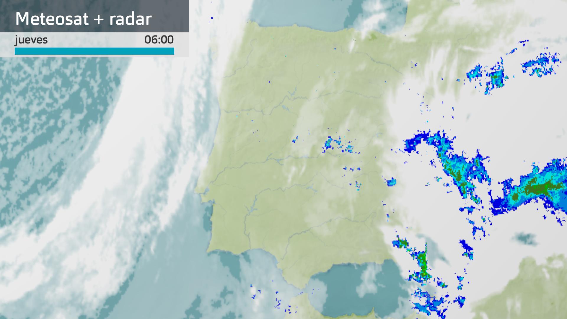 Imagen del Meteosat + radar meteorológico jueves 5 de marzo 6 h.